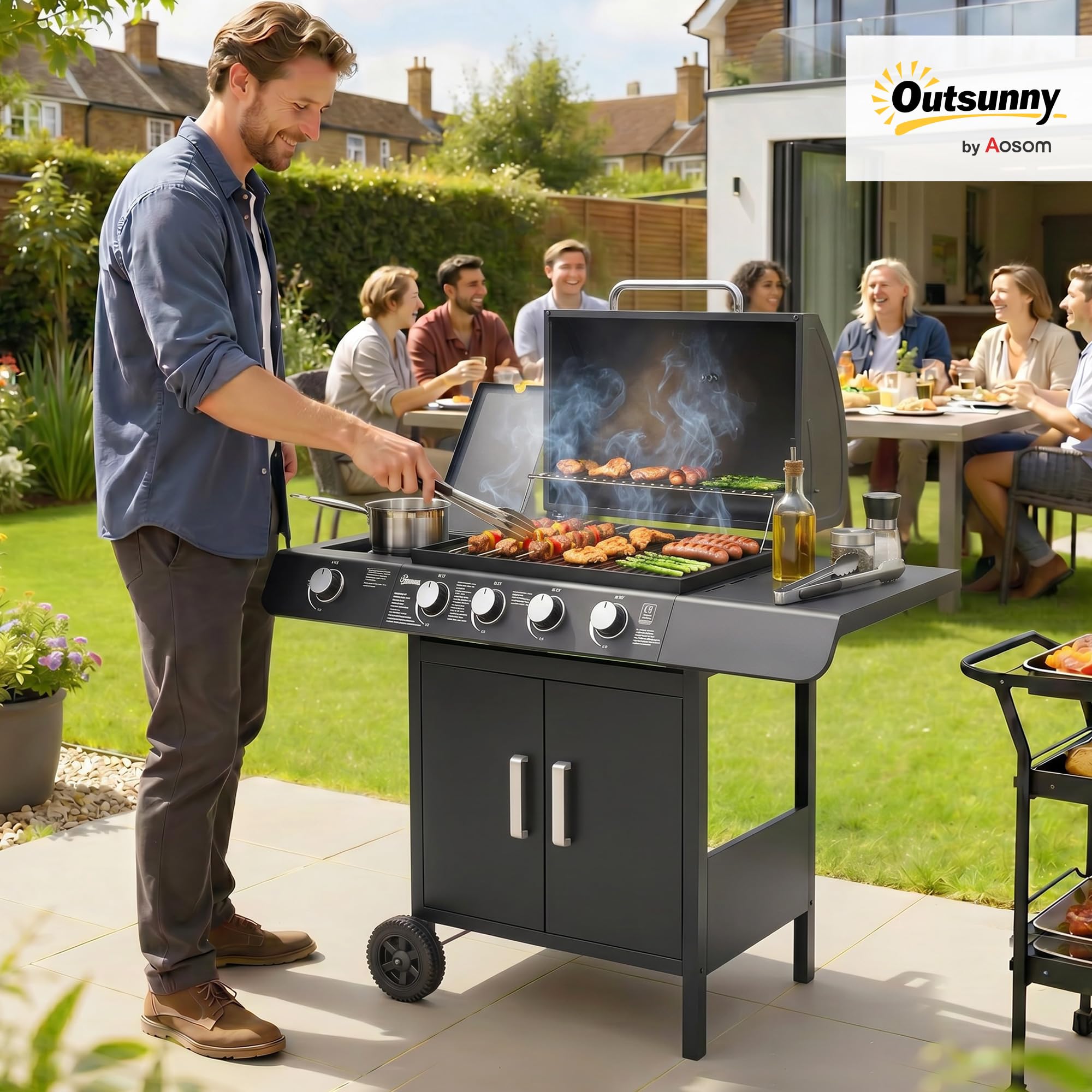 Outsunny Barbacoa de Gas con 4+1 Quemadores 14,4 KW Mesas Laterales Armario de Almacenaje Termómetro y 2 Ruedas Acero Inoxidable BBQ 125x51x100 cm Negro