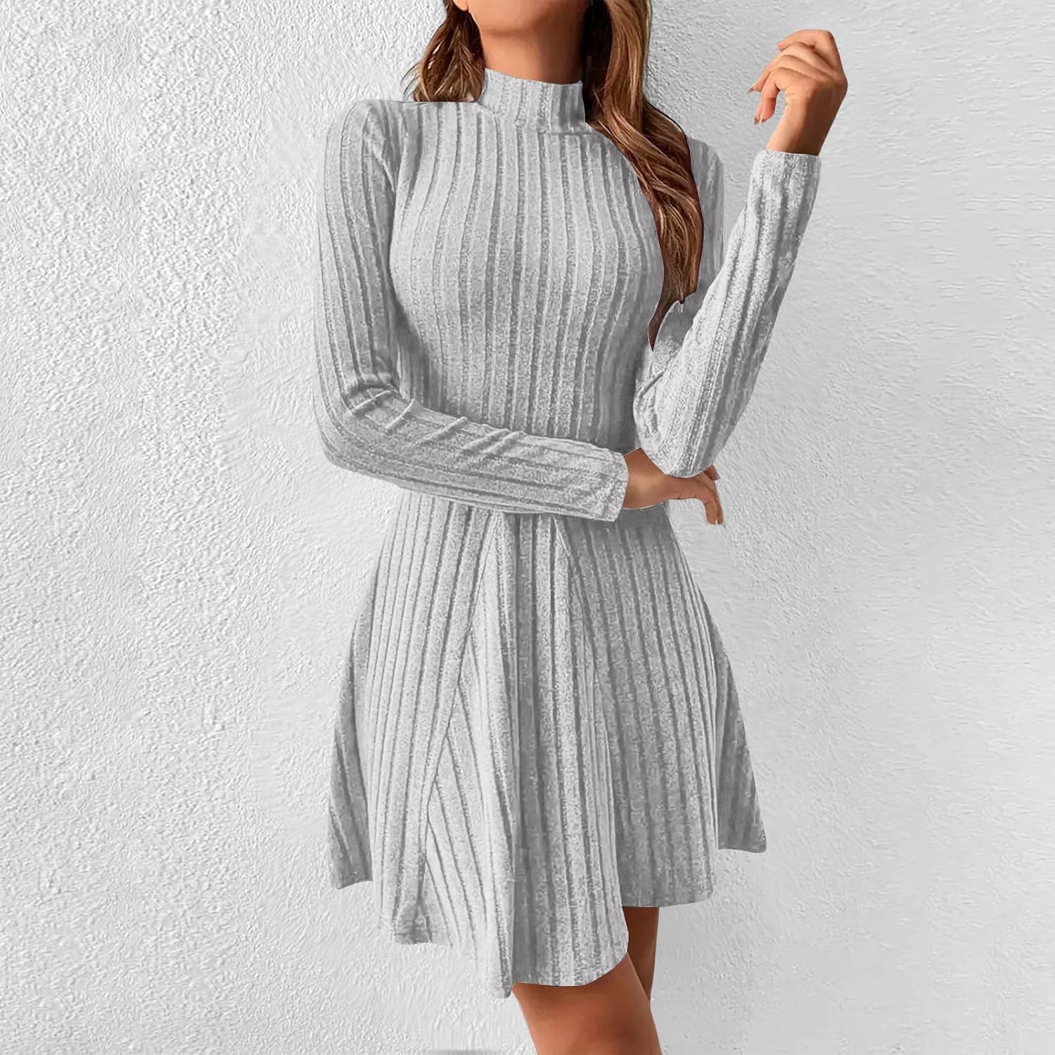 Long Sleeve Sweater Dress for Women Fall Ribbed Knit Mock Neck Baby Doll Dresses Casual Pleated Swing Midi Dress