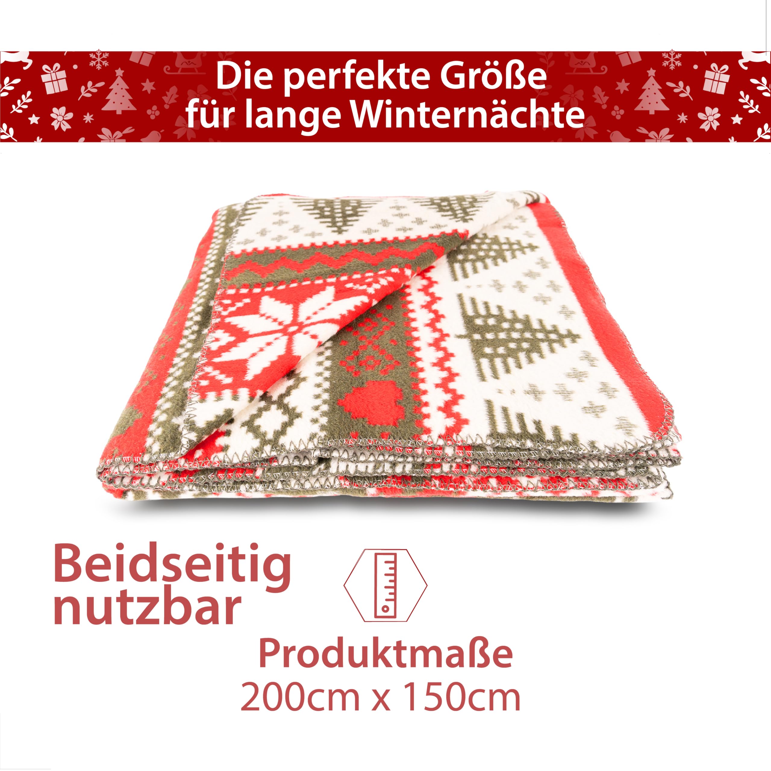 Weihnachtsdecke 200x150 cm Rot - Kuschelige warme Winterdecke mit Schneeflocken, Herzen & Bäumen - Festliche Sofadecke - Flauschdecke - Decke aus Baumwollmix - Kuscheldecke Weihnachten