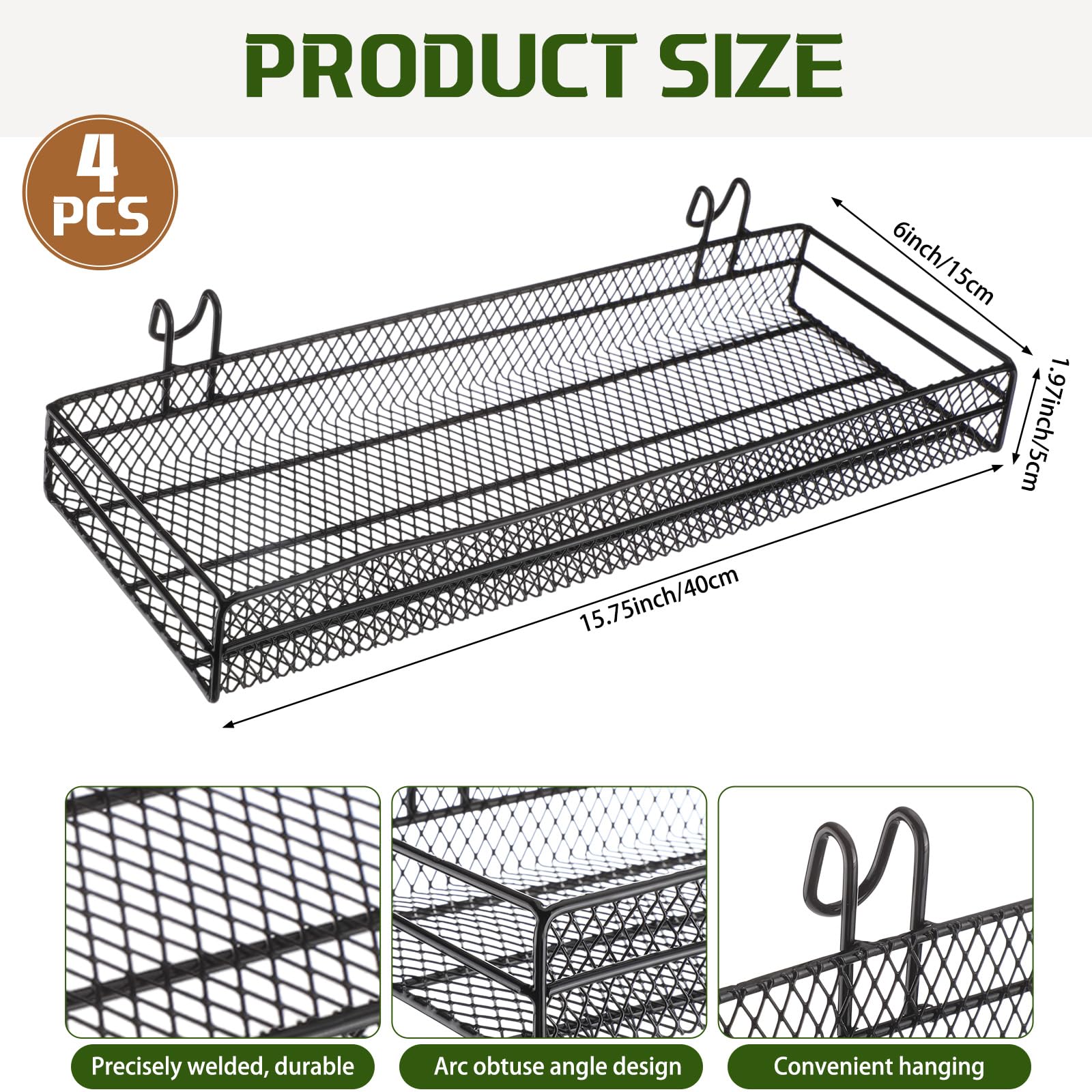 4 cestas de malla de alambre de metal para pared de rejilla de 15.75 x 5.91 x 1.97 pulgadas, cesta de malla de alambre colgante negra con gancho organizador montado en la pared, cesta de