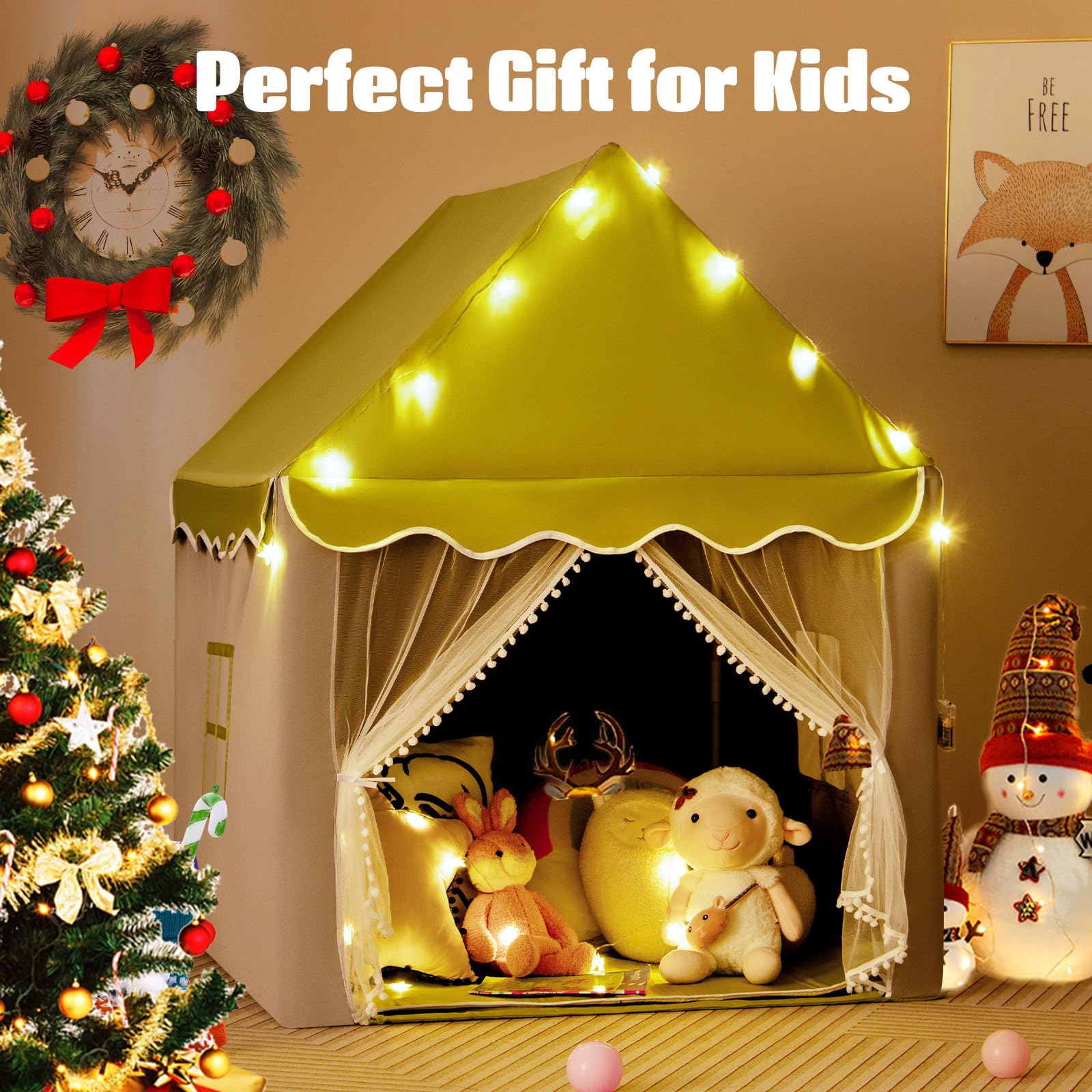 HOMASIS Tienda de campaña Infantil de Interior, Castillo de Juegos con Alfombra Lavable y Luces LED en Forma de Cuerda, Casita con Cortinas y Ventanas, para niños y niñas, 121x105x136cm (Verde)