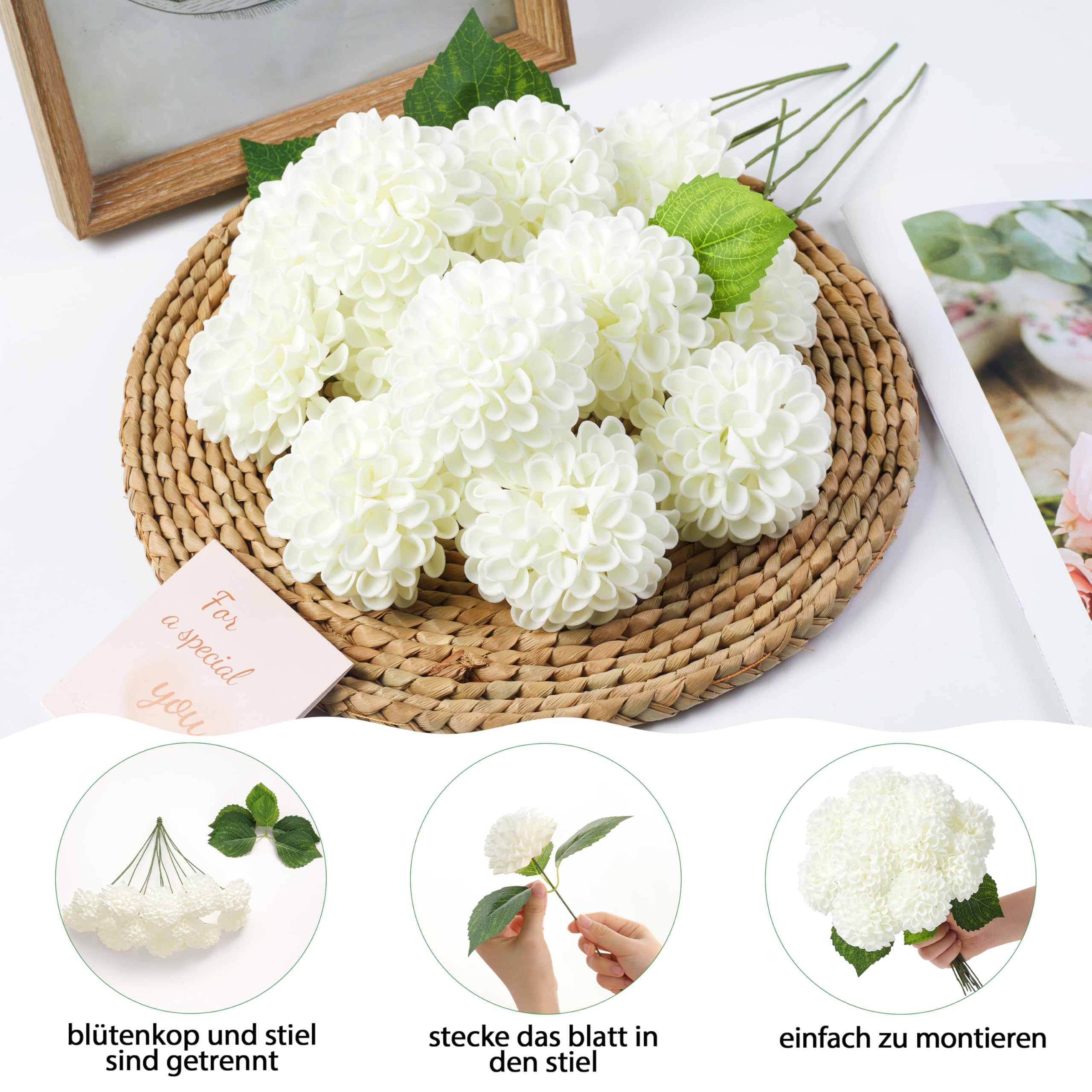 XIANNVXI 12 Stück Milchig Weiße Kunstblumen Dahlien Künstliche Blumen Weiß Schaum Hortensie Fake Blumen Deko Chrysanthemen Vasen für Blumenarrangements, Hochzeiten, Brautstrauß 6 Blätter 25cm Stängel