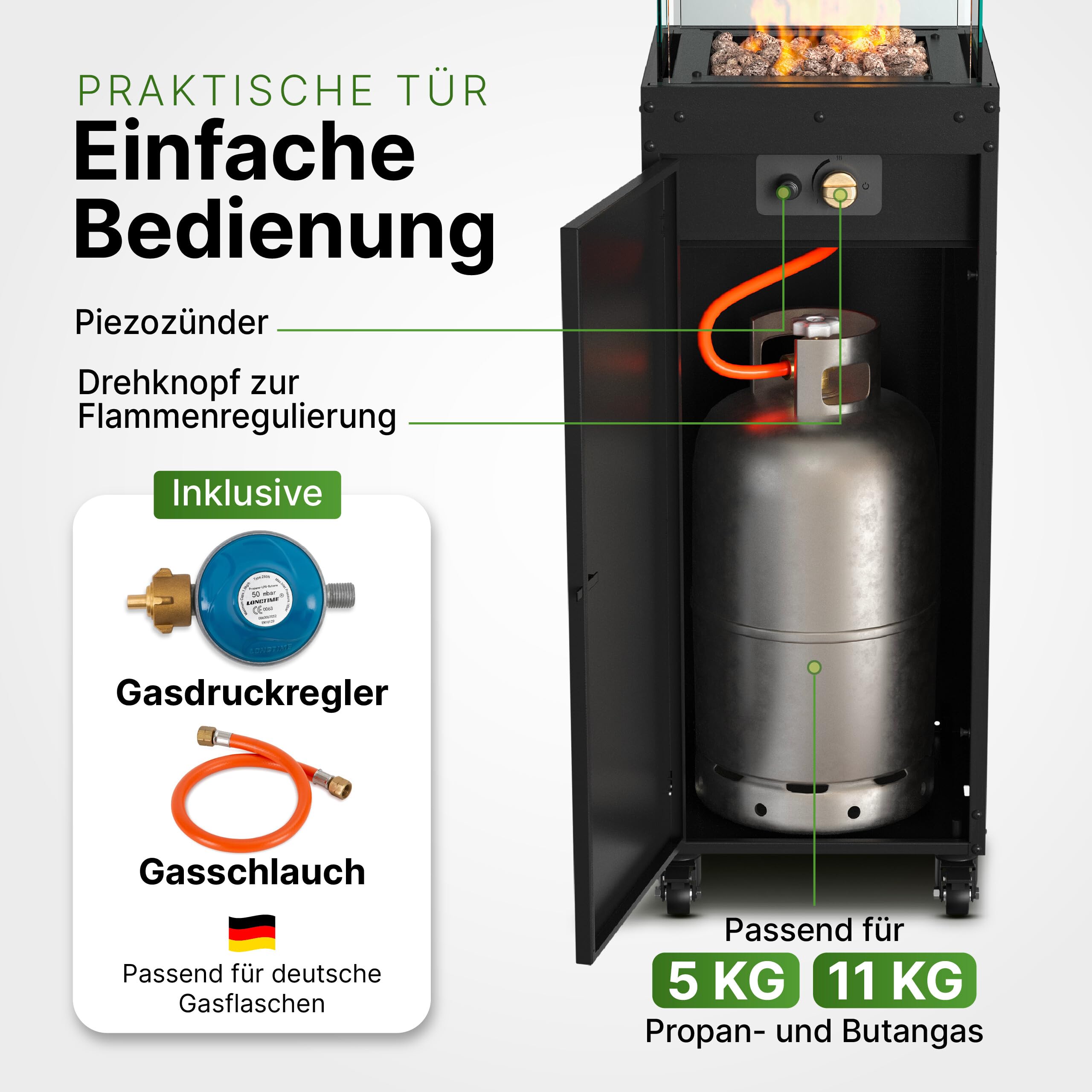 Gartenzeit Chauffage de terrasse à gaz avec cylindre en verre - Dimensions : 36 × 36 × 140,5 cm - 8 kW - Chauffage à gaz pour terrasse et jardin - Parasol chauffant avec protection anti-basculement et