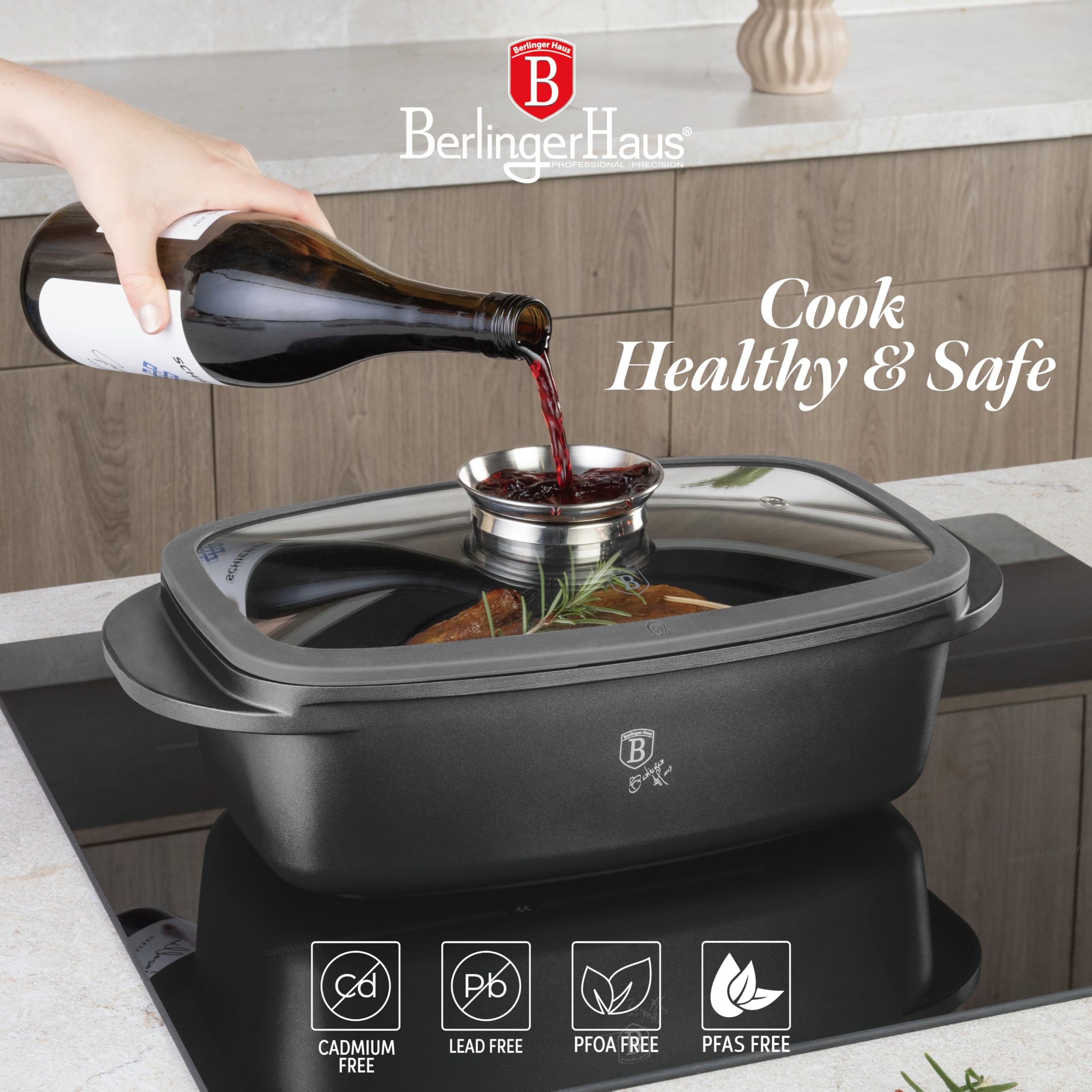 Berlinger Haus Cocotte avec revêtement en titane et couvercle aromatique Antracit Collection 32 cm 6 l Induction Passe au four jusqu'à 220 °C Aluminium antiadhésif