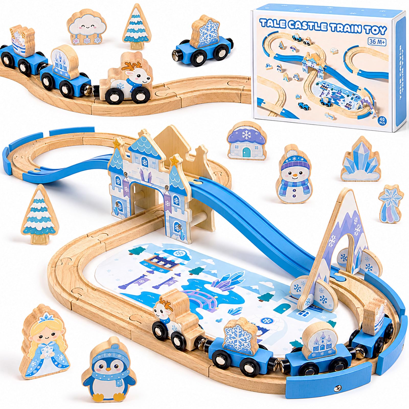 Gleamkid Castle Wooden Train Set for Girls Boys,41 PCS Train Track