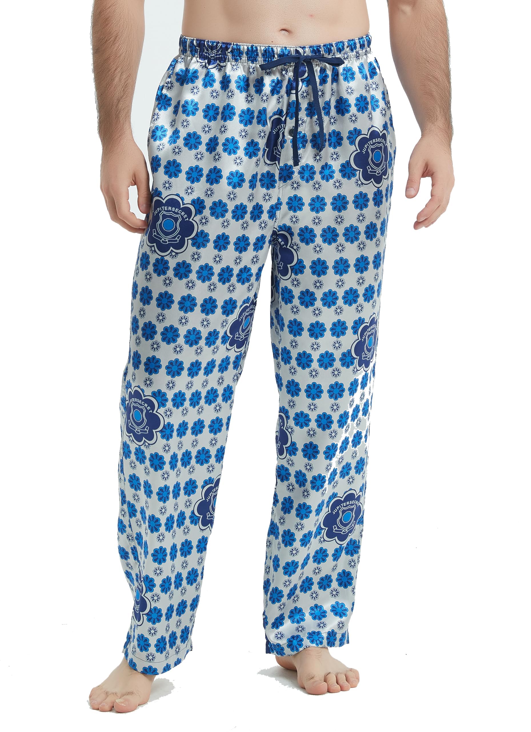 Jveyvth Mens Christmas Satin Pajama Pants, Silky Feeling Lounge Pants, Long PJ Bottoms with Pockets and Button Fly
