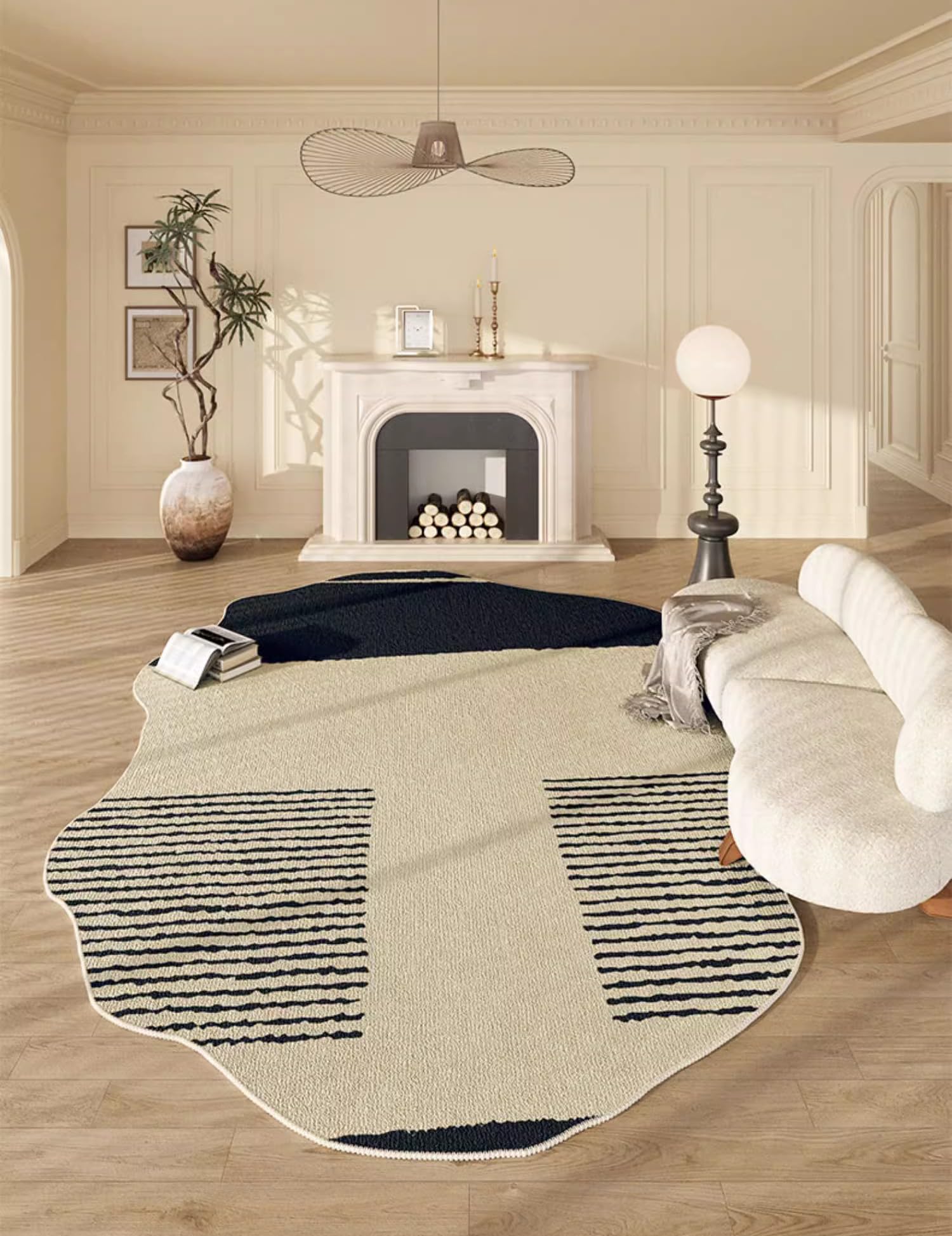 Irregular Shaped Living Room Bedroom Area Rug Black Beige Abstract Ultra Washable Rug for Dining Kitchen Hallway Home Office Modern Carpet 5x7
