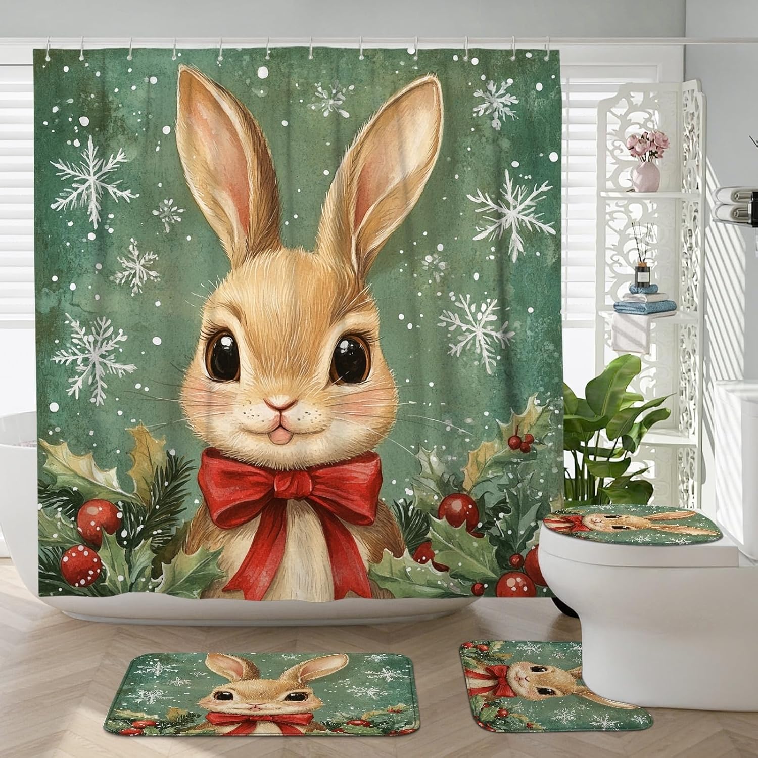 4PCS Christmas Bunny Rabbit Bathroom Sets with Non-Slip Rug, U Shape Toilet Lid Cover Mat, Fun Xmas Holly Animal Bathroom Decoration 72''x72''