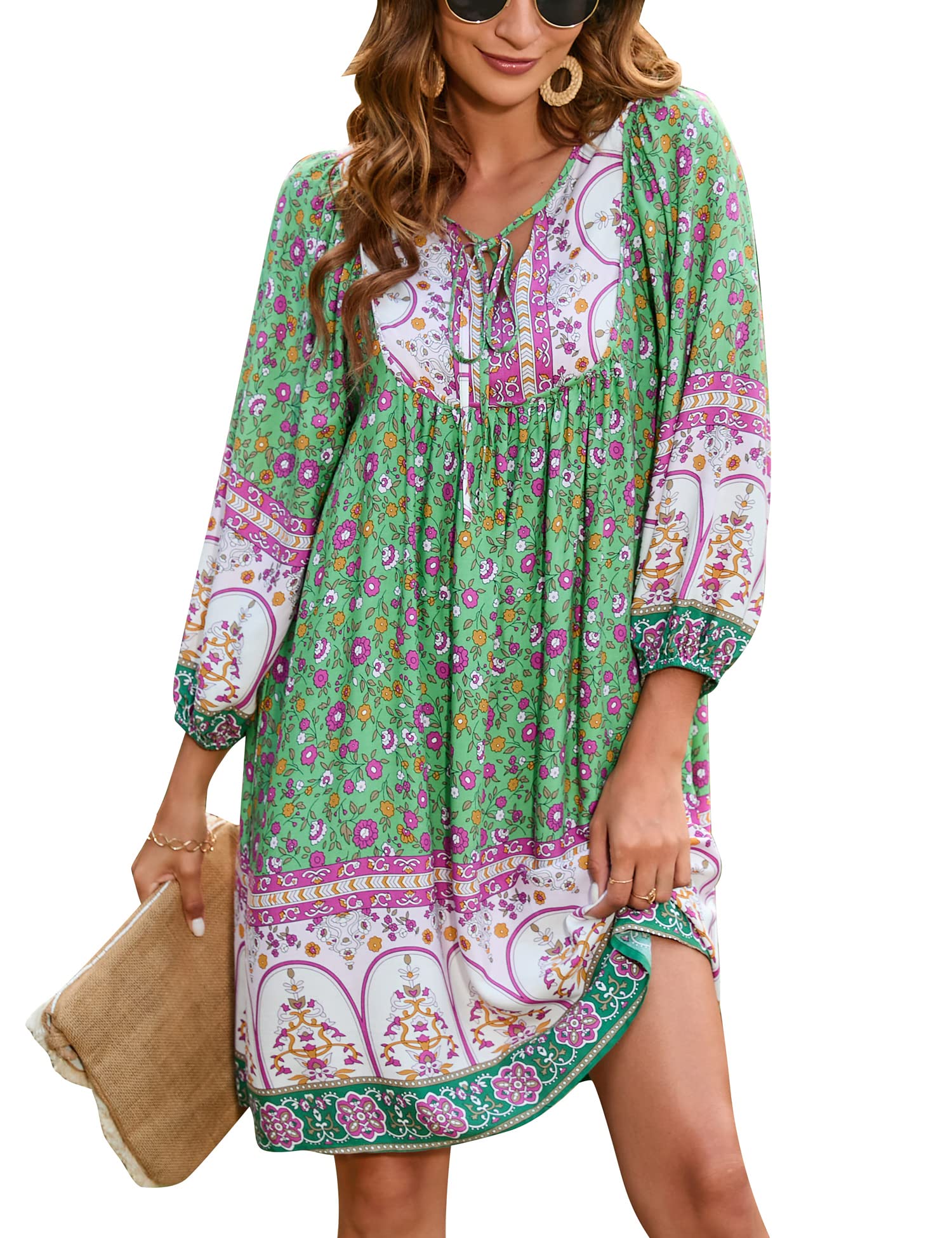 BluetimeWomen Casual Summer Dress Boho V Neck 3/4 Sleeve Babydoll Floral Print Flowy Beach Dress