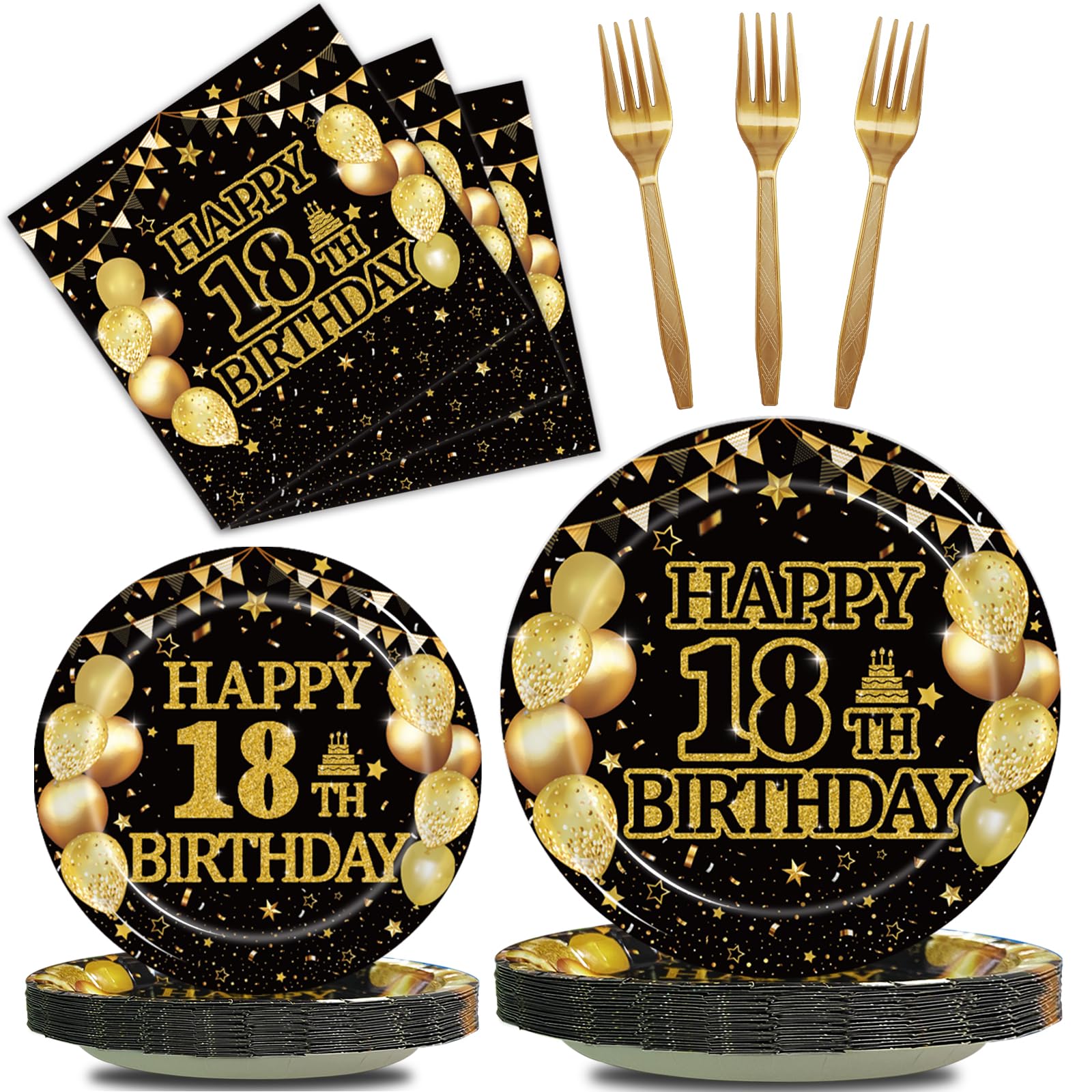 Kepeel 96Pcs 18th Birthday Party Tableware Set, Black Gold Time To Adult Birthday Party Decorations Supplies for Boys Girls Cheers to 18 Years