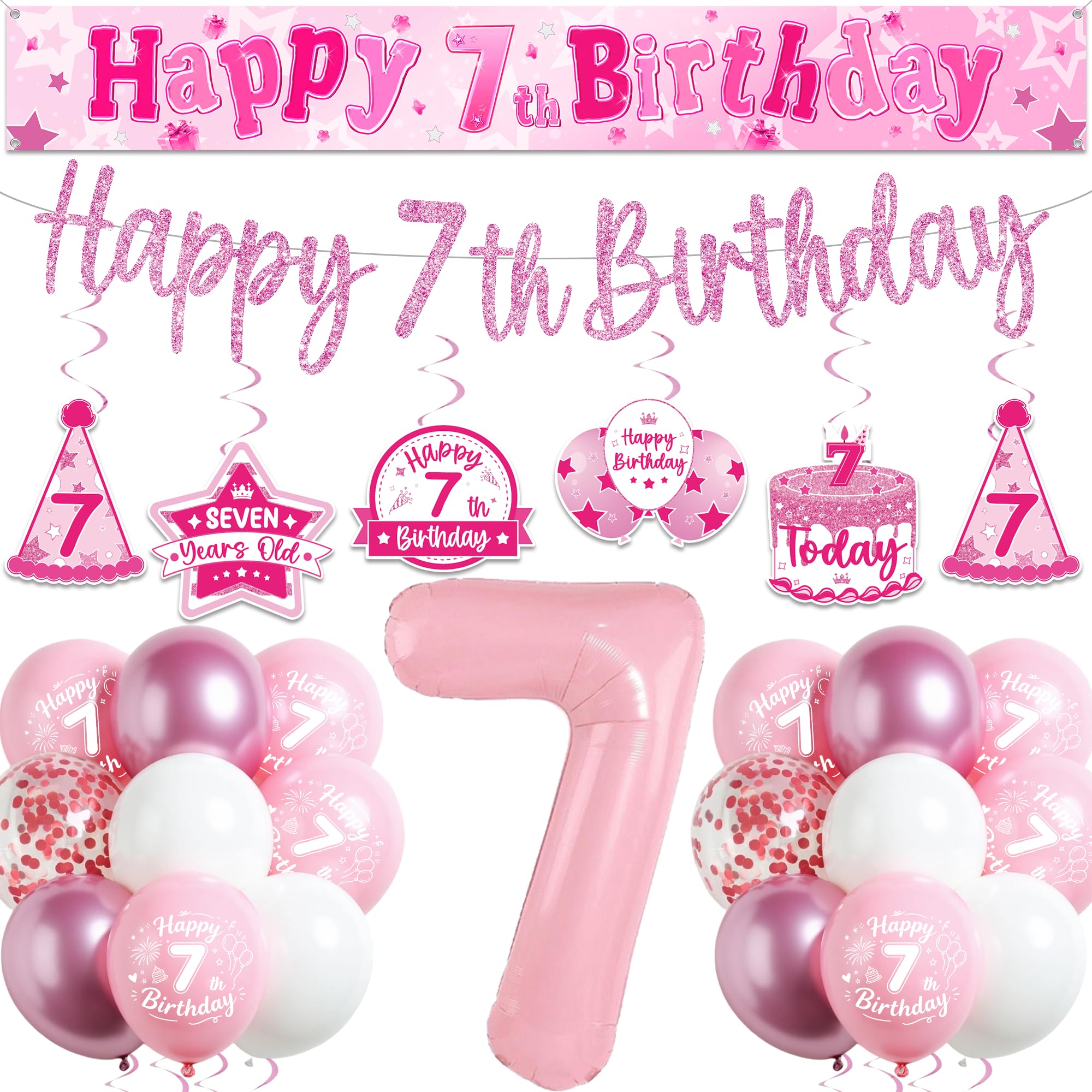 7th Birthday Decorations for Girls, Pink 7 Years Old Party Supplies