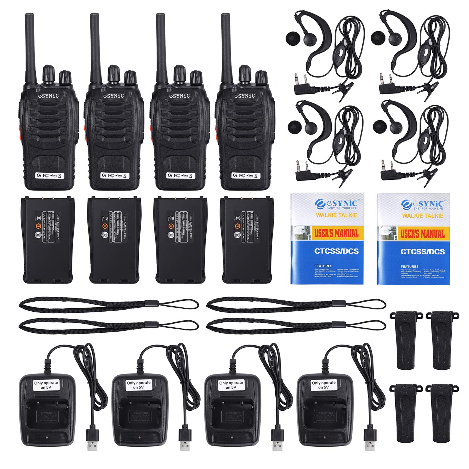 eSynic 4 pcs Walkie Talkie Rechargeable,Radio Bidirectionnelle PMR446,CTCSS/DCS,Lampe de Poche LED,Oreillette et USB Base de Chargement,émetteur-récepteur Portable pour Terrain, Expédition, Chantier