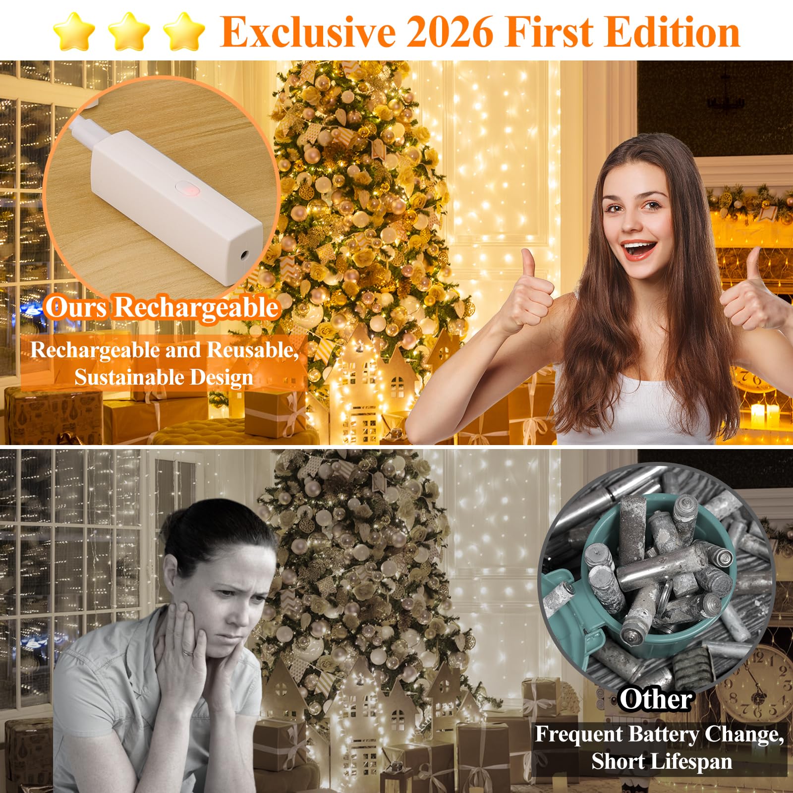 Luces de hadas recargables de 33 pies x 4 pintalabios, luces parpadeantes que funcionan con pilas, mini cadena de luces LED para interiores con temporizador para dormitorio, Navidad, fiestas, bodas