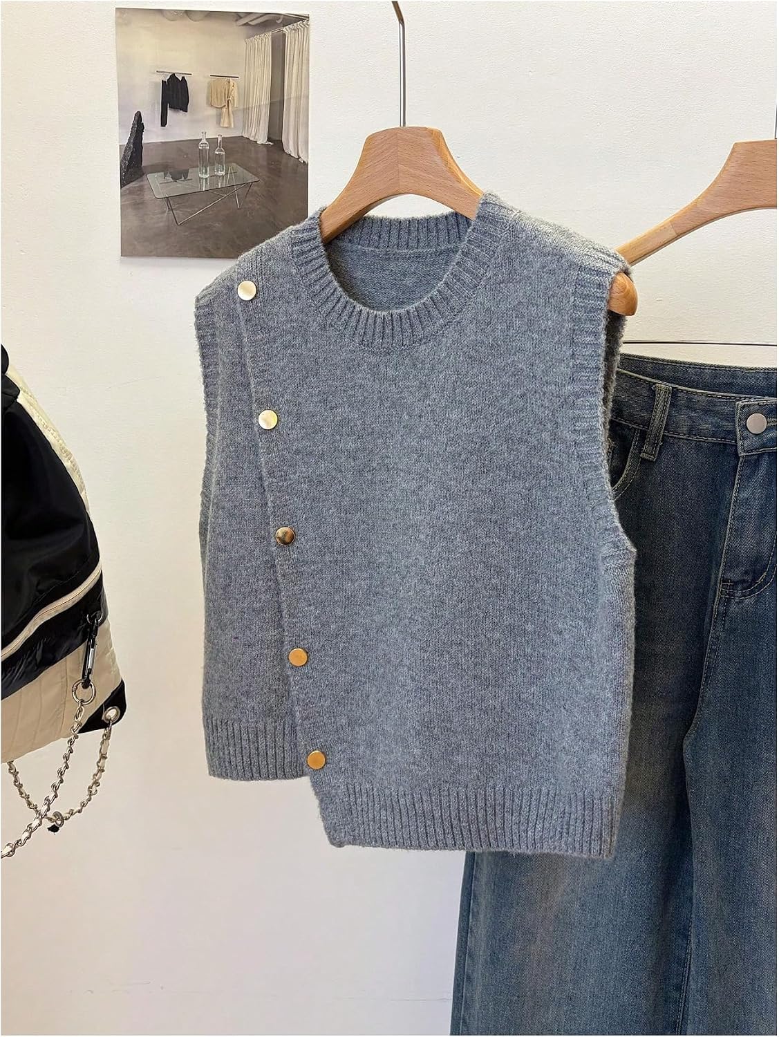 RoseSeek Women's Metallic Button Sweater Vest Sleeveless Crewneck Knit Tank Tops Knitwear