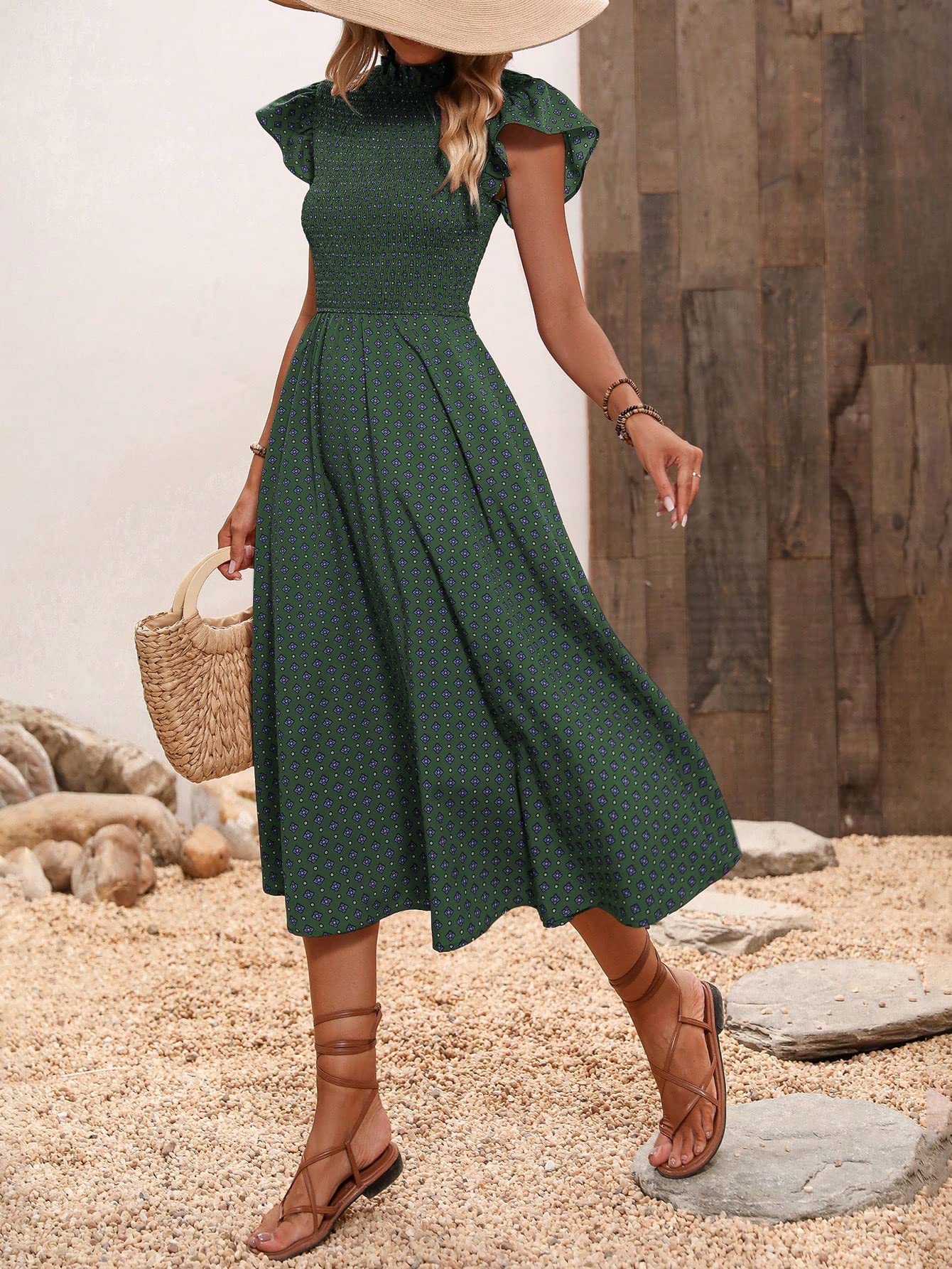 Women's Dresses Allover Print Shirred Detail Butterfly Sleeve Dress Dress for Women (Color : Army Green, Size : Large) : Clothing, Shoes & Jewelry