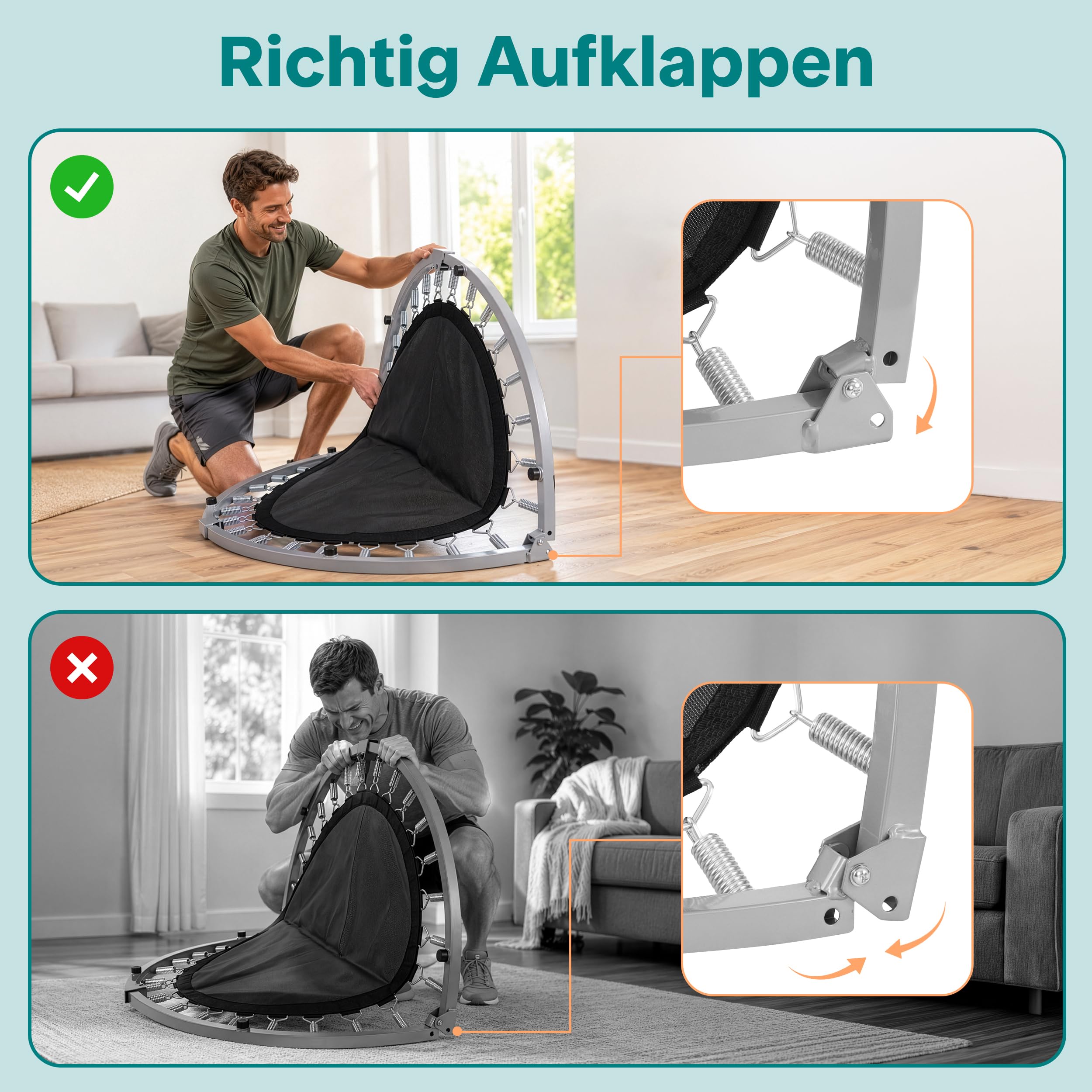 SereneLife Fitness Trampolin Indoor, Ø 102 cm – Faltbarer Rebounder mit Rückprall & Höhenverstellbarem Griff, Bis 150KG, ideal für Zuhause, Cardio, Sport & Training