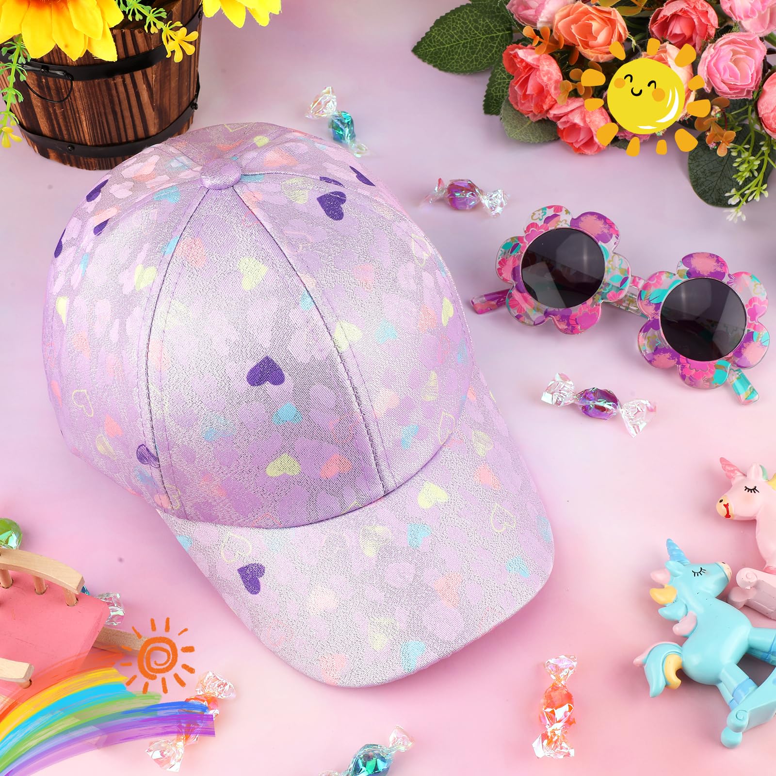Gorra de Béisbol para Niñas, Gafas de Sol de Flor Linda Gorra Béisbol Ajustables Transpirable Gorra de Verano para Deporte Vacaciones Playa
