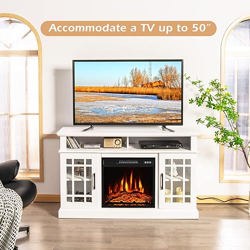 Miniatura 2 de Soporte de TV con chimenea eléctrica 3 en 1, centro de entretenimiento de 55 pulgadas con calentador integrado, estante ajustable de 3 posiciones, 2