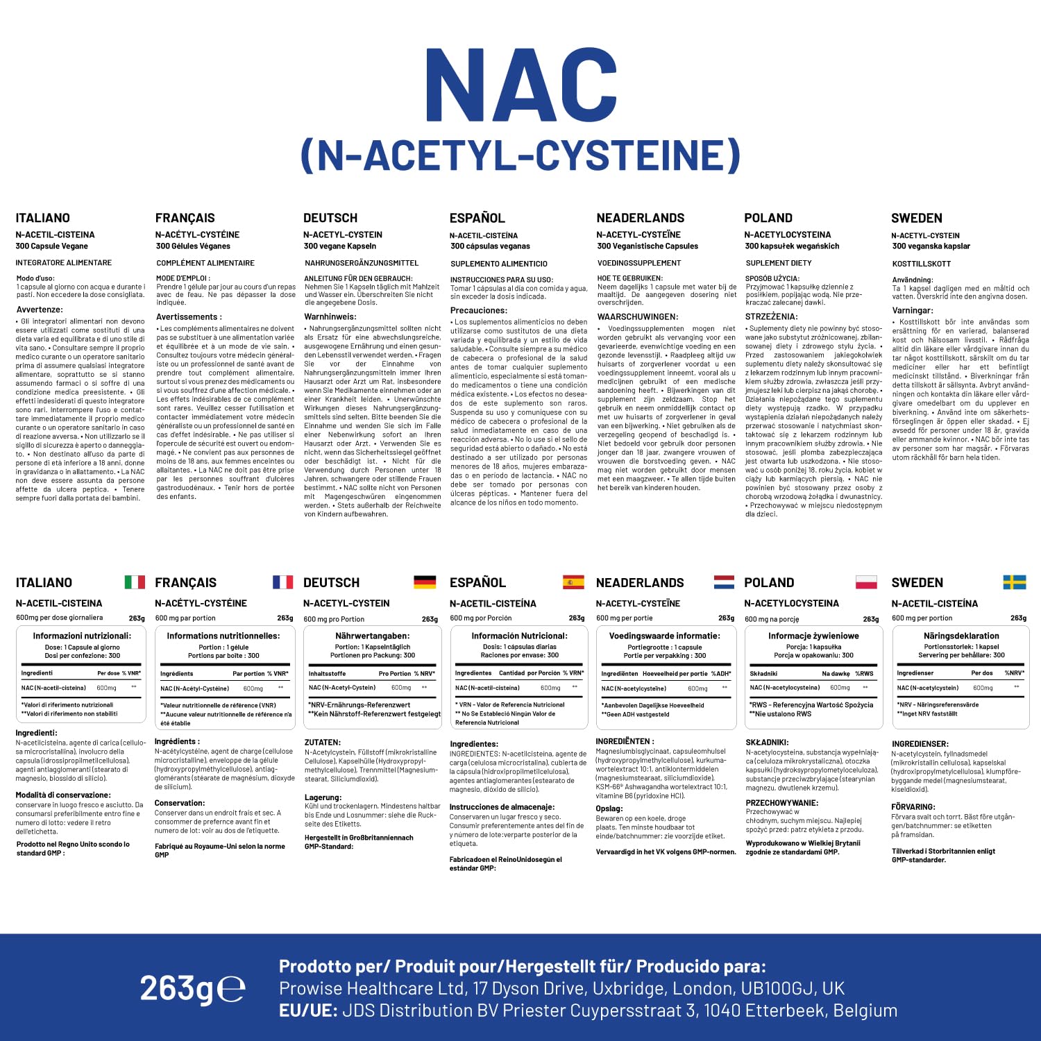 NAC N-Acetyl-Cystein 600 mg | 300 Kapseln | Veganes N-Acetyl-Cystein-Nahrungsergänzungsmittel | 10-Monats-Vorrat | Bessere Bioverfügbarkeit & briefkastenfreundlich | Hergestellt in Großbritannien