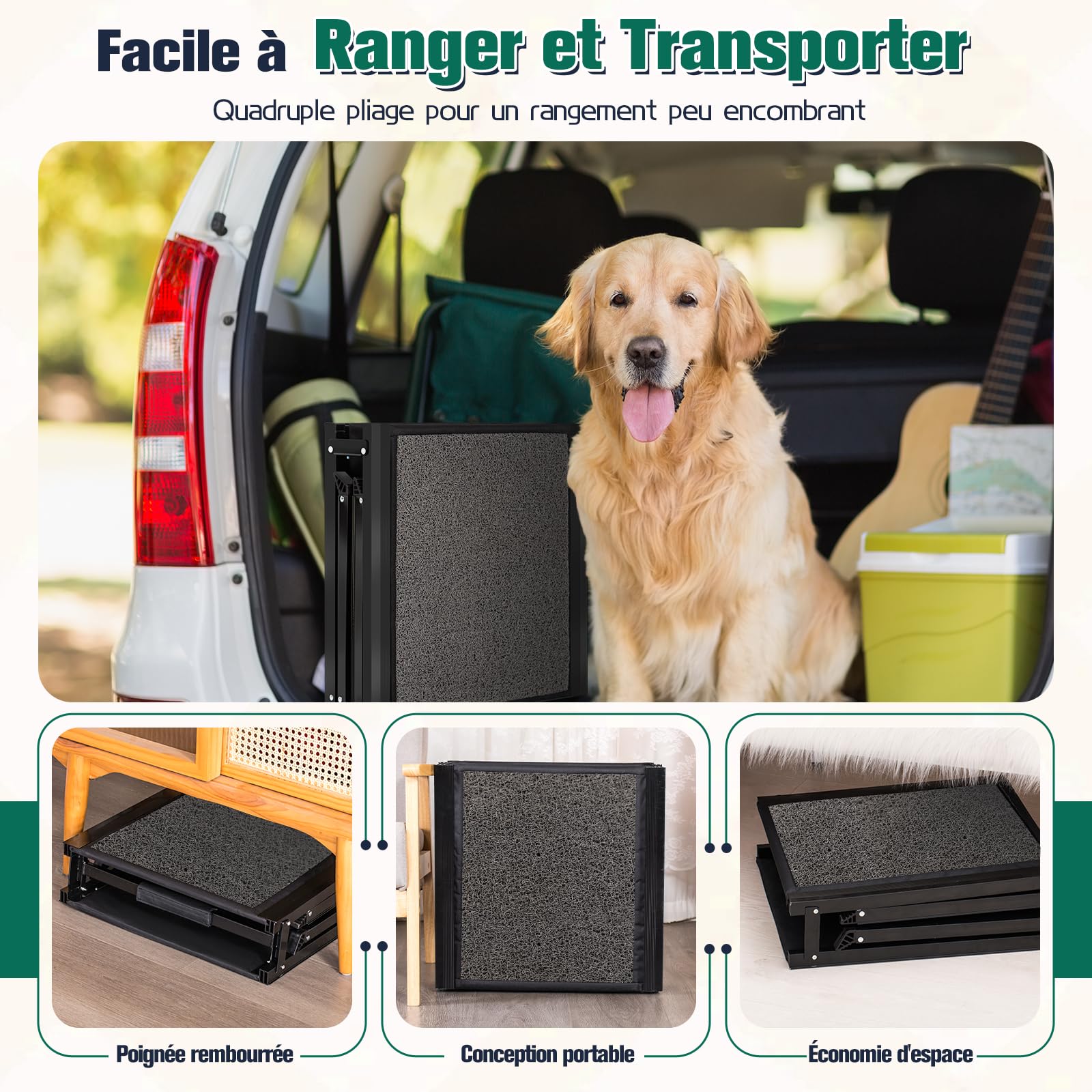 Rampe pour Chien Voiture Pliable Extra Longue 175cm, Rampes D'Accès Voiture pour Chien avec Surface Antidérapante, Échelle De Voiture Pliante Escalier pour Grands Chiens, Supporter Un Poids De 115kg