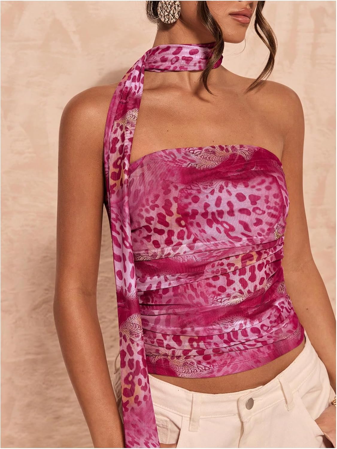 Floerns Women's Cheetah Print Strapless Tube Tops Ruched Sleeveless Crop Tops with Scarf - Image 4