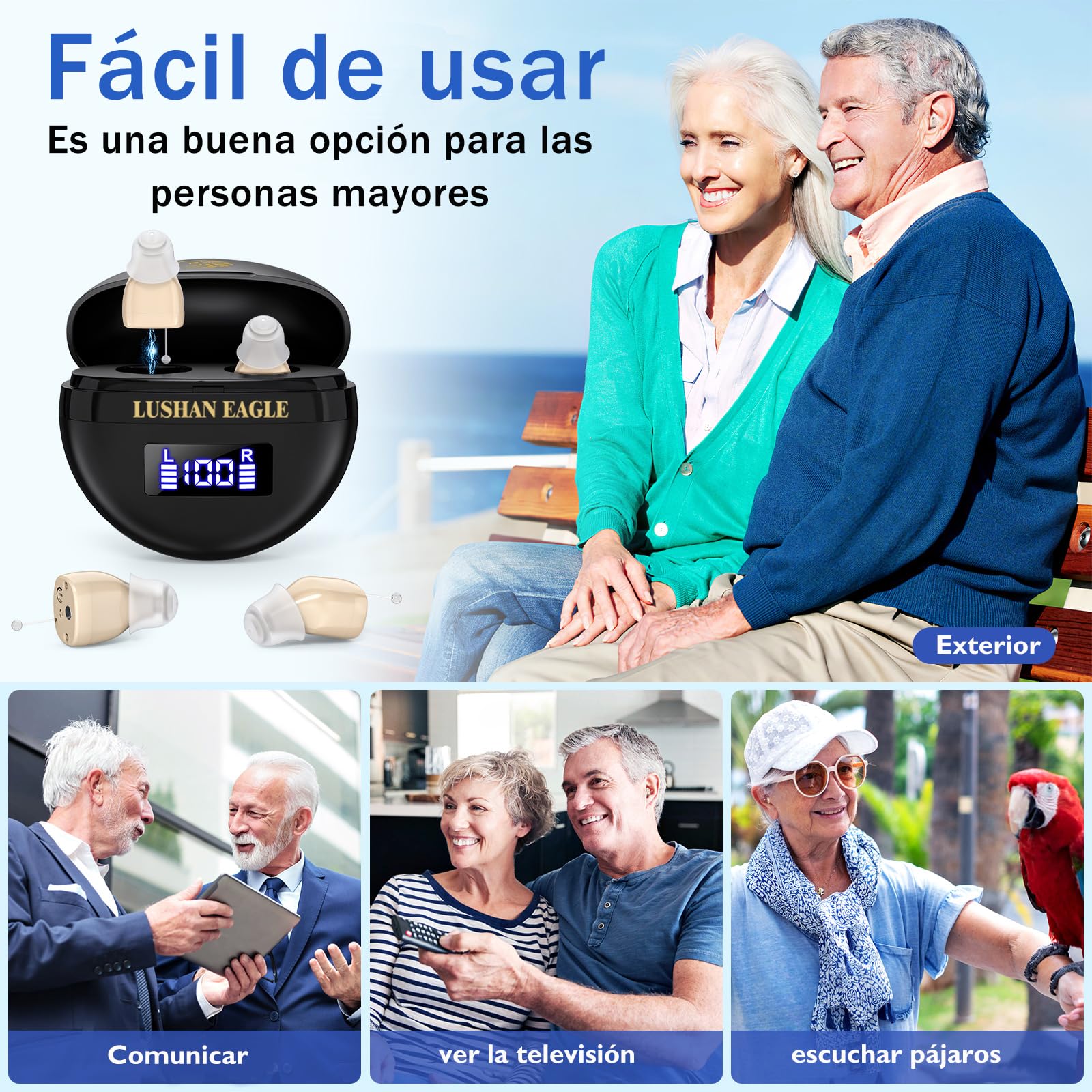 Auriculares amplificados amplificador de sonido recargable mini portátil (Negro)