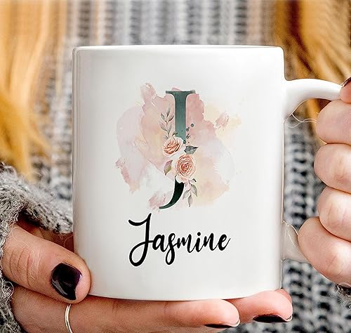 Miniatura 3 de PREZZY Taza personalizada con letra J con inicial, monograma personalizado, taza de café floral, regalos para mujeres, hombres, familiares, amigos,