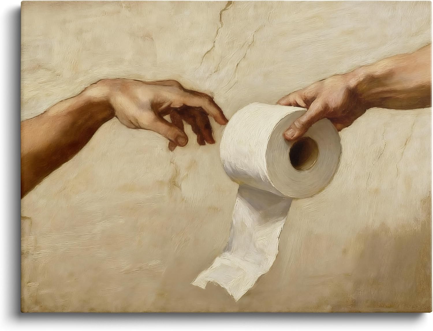 TimAsh Funny Toilet Paper Wall Art, Michelangelo's Creation of Adam Parody with Toilet Paper Roll, Humorous Bathroom Canvas Print for Home Decor, 16x24 Inches