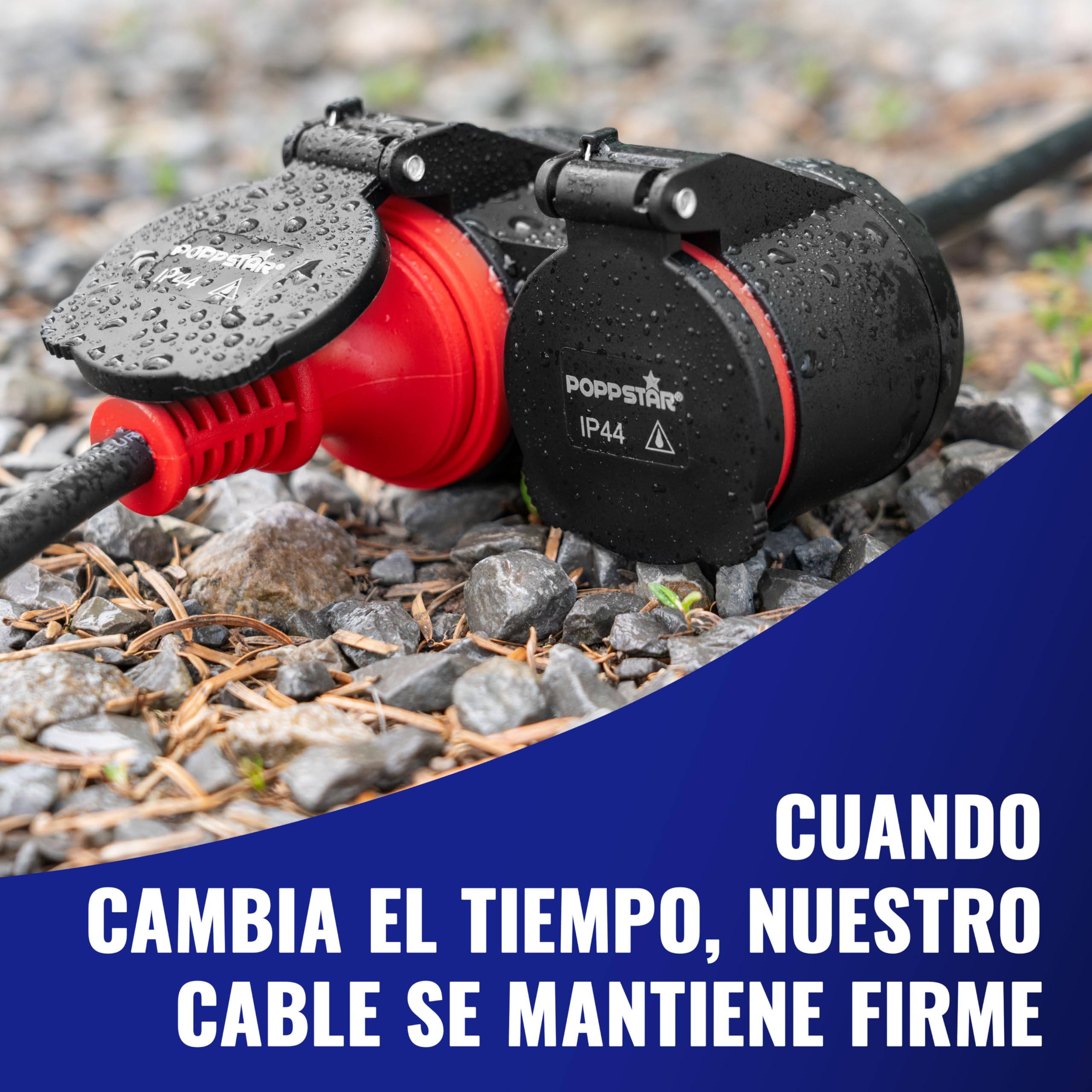 Poppstar Alargador Exterior 3 m (2 Tomas Schuko, IP44, 16A/3680W, H05RR-F 3G1.5), Negro/Rojo