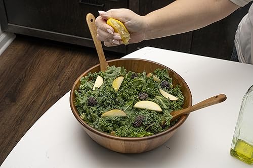 Miniatura 8 de J&M Cafe Juego de cuencos grandes de madera de acacia con dos herramientas de bambú para servir, cuenco de madera para servir, ensaladera con