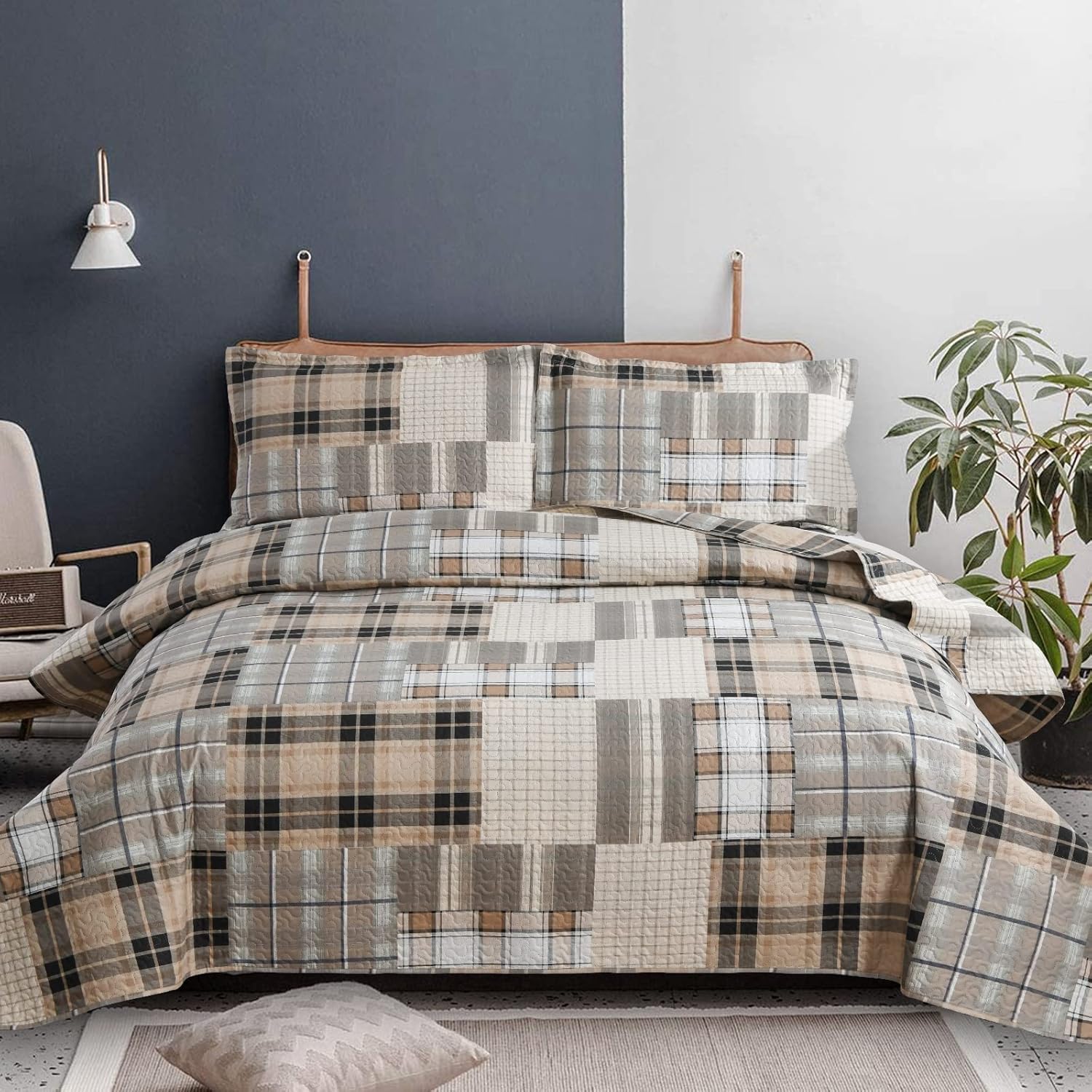 Plaid Bedding Quilt Set King Lightweight Patchwork Bedspread Breathable Microfiber Geometric Coverlet Brown Grey Buffalo Check Bed Cover Classic Plaid Quilts Brown Coffee King (106 in x 96 in)