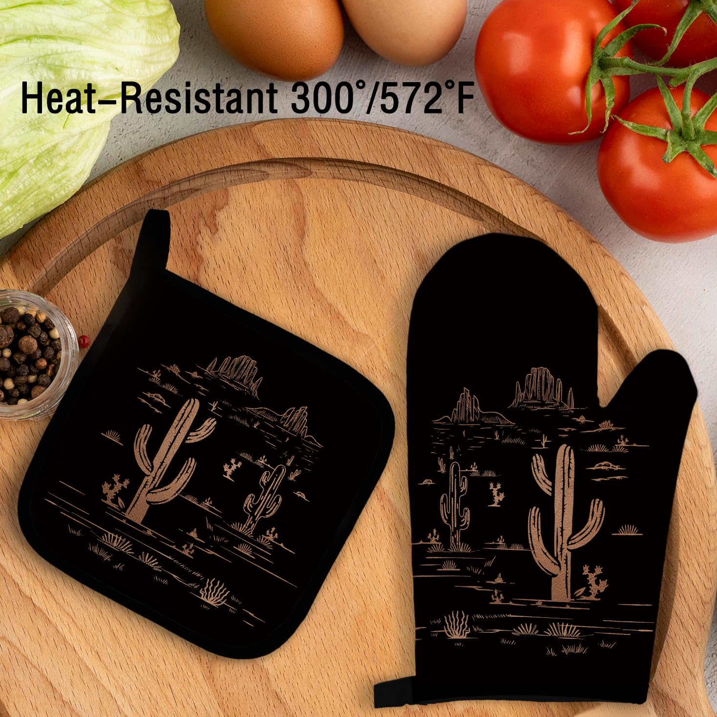 Western Desert - Juego de manoplas de horno y soportes para ollas, decoración de cocina de cactus, manoplas para cocina del suroeste occidental 4