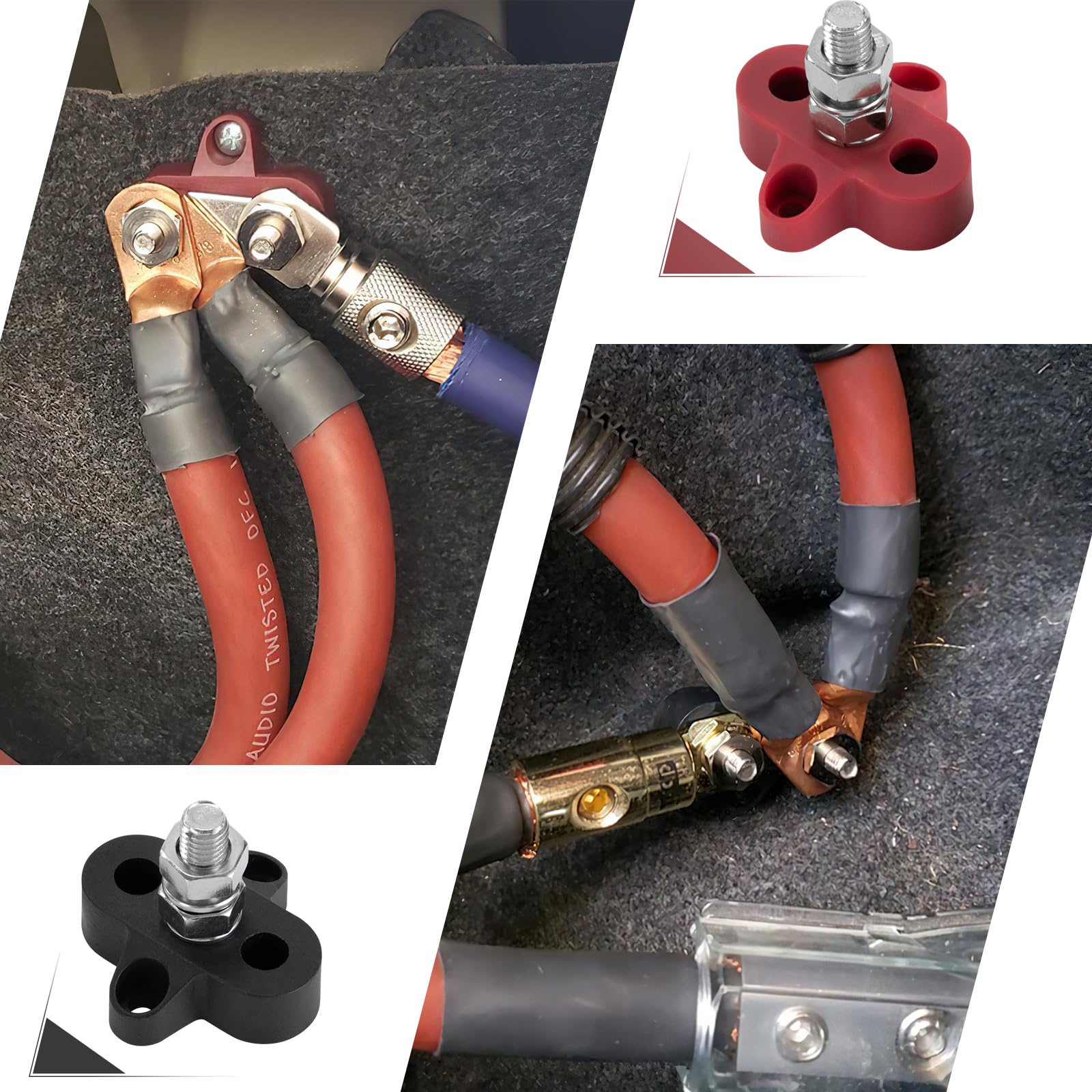 GUNGY Dual aansluitbouten M8 accuklemmenblokken 12 V-48 V batterij stroomverdeling klemblok verzamelrail voor auto, vrachtwagen, camper, boot, zwart en rood, 2 stuks