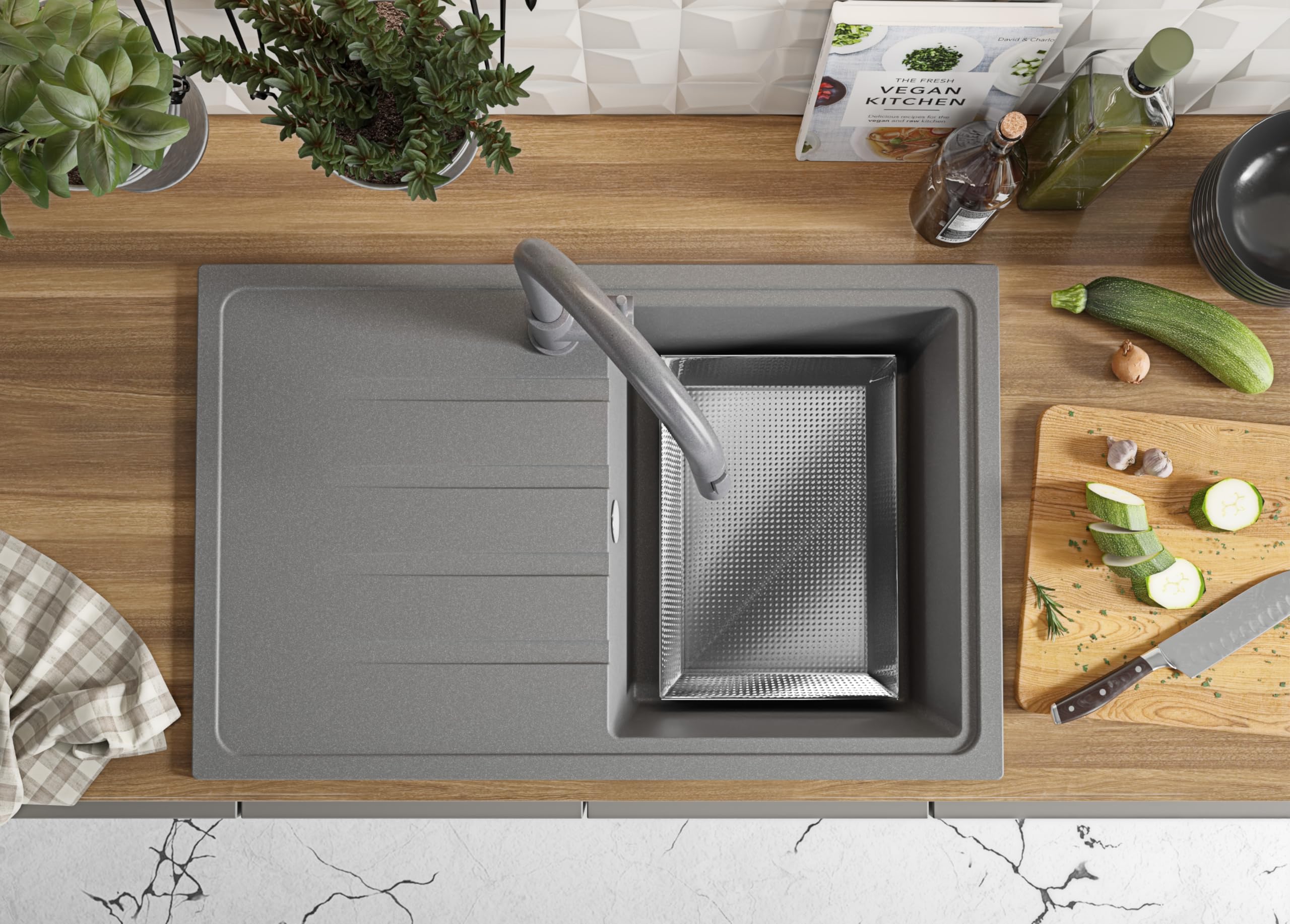 PRIMAGRAN Lavello da Cucina Grigio - Milano, 78x50cm | Lavandino in Granito a 1 Vasca + Sifone Classico, Lavabo da Cucina Incasso al Mobile 45cm (S067)