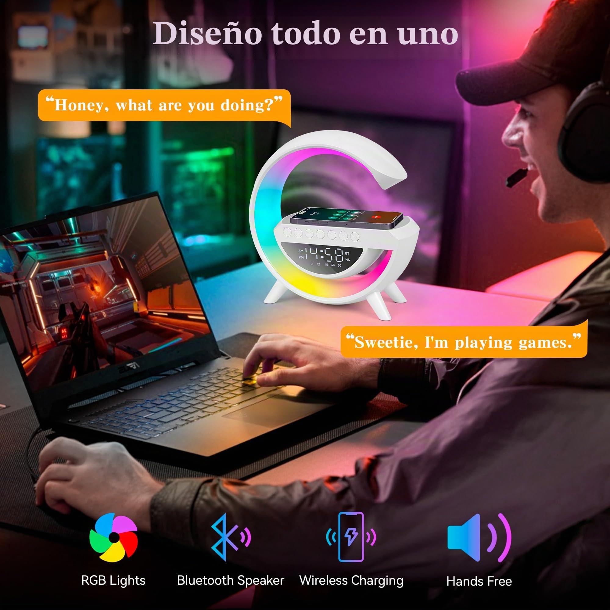 Lámpara de carga inalámbrica, 15W despertador luz nocturna RGB multifuncional, estación de carga inalámbrica, altavoz Bluetooth, despertador digital para dormitorio/camping