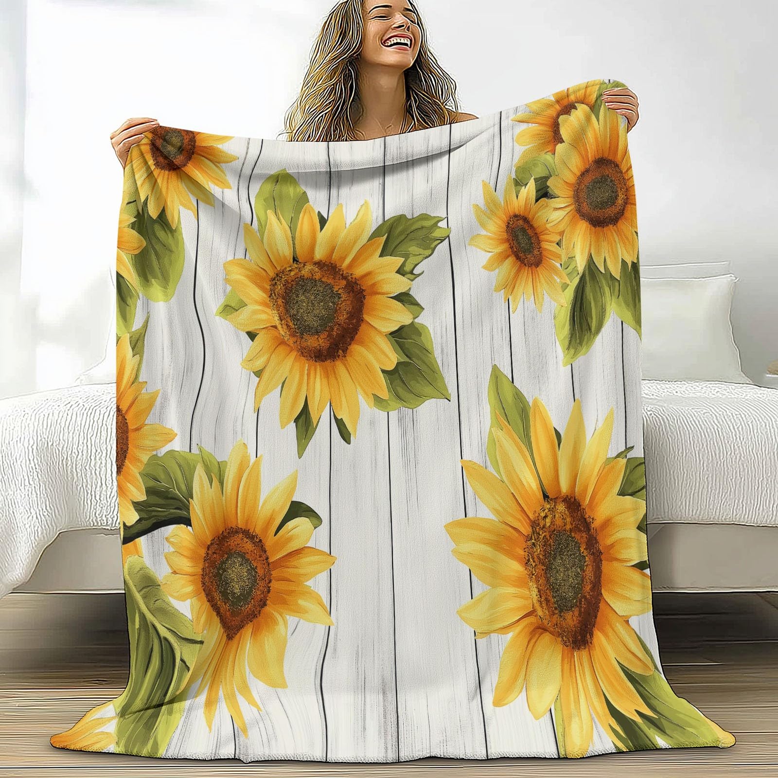 Genérico Drewniane Tło Akwarelowe Słoneczniki Koc Flanelowy 220 x 240 cm Koce Sherpa, Białe Super Puszyste Wełniane Koce Dorosłych I Dzieci Koc Miękki I Ciepły Łóżko