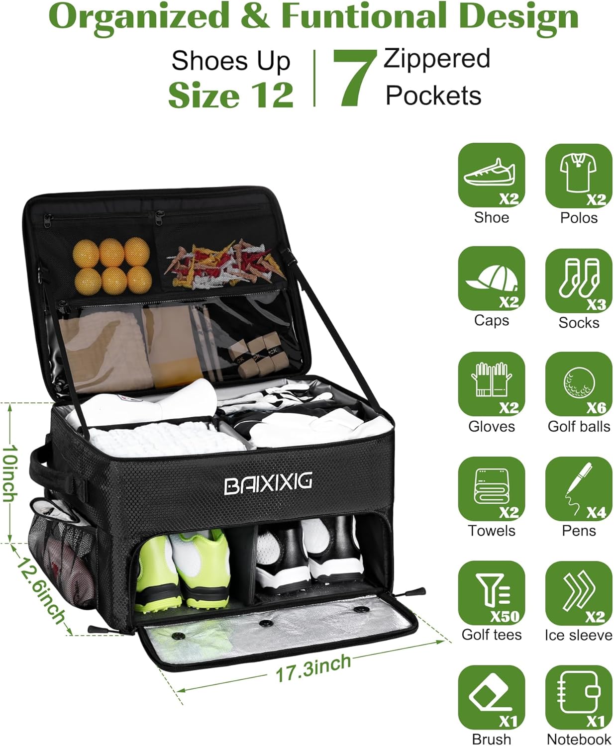 Golf Trunk Organizer, Waterproof Car Golf Locker with Separate Ventilated Compartment for 2 Pair Shoes, Golf Storage for Balls, Tees, Cap, Clothes, Gloves, Accessories, Gifts for Men, Women