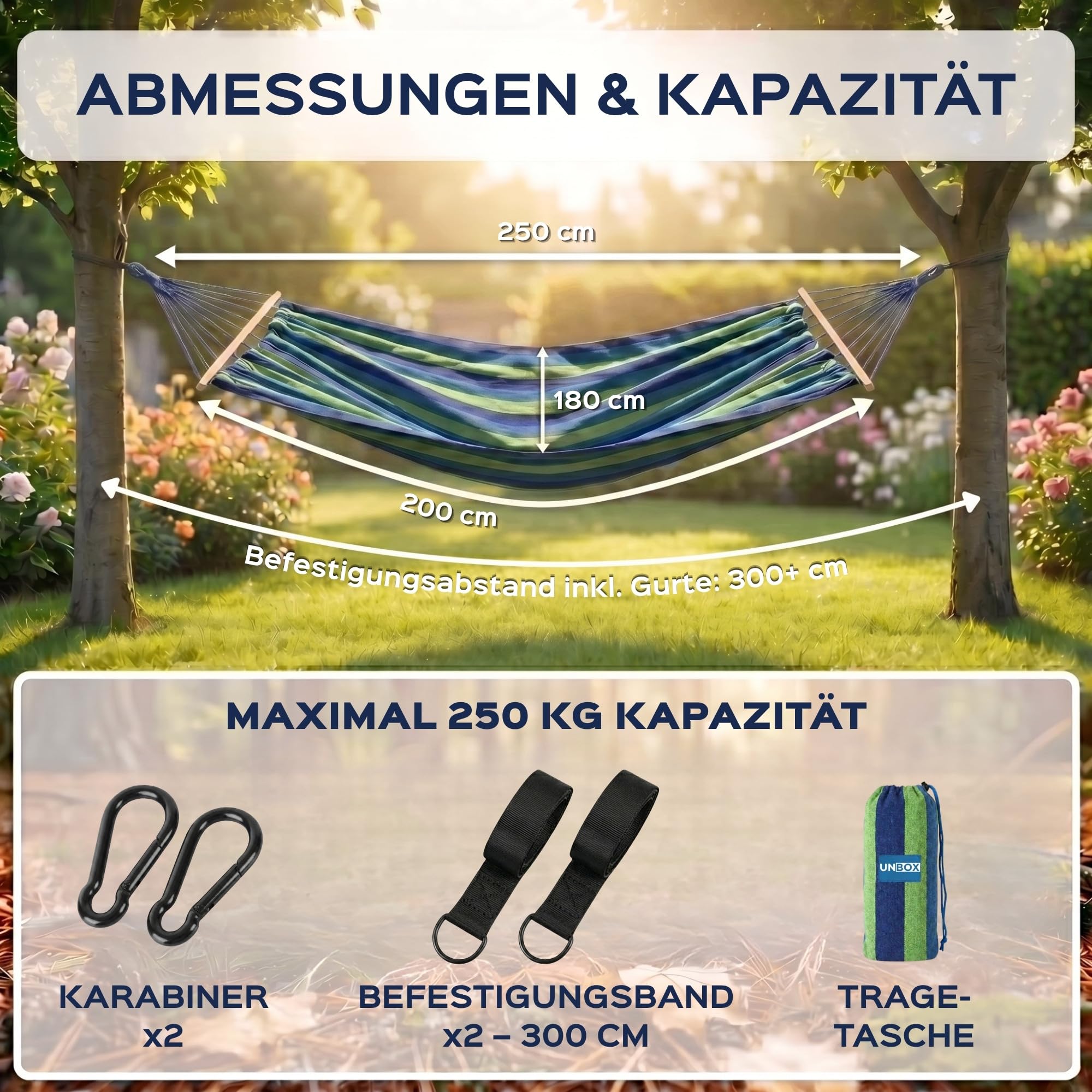 UNBOX Hängematte Outdoor Baumwolle mit Holzstange - 250x180cm, Tragkraft 300kg, mit Baumfreundlichen Gurten & Tragetasche - Ideal für Garten, Camping, Balkon & Terrasse