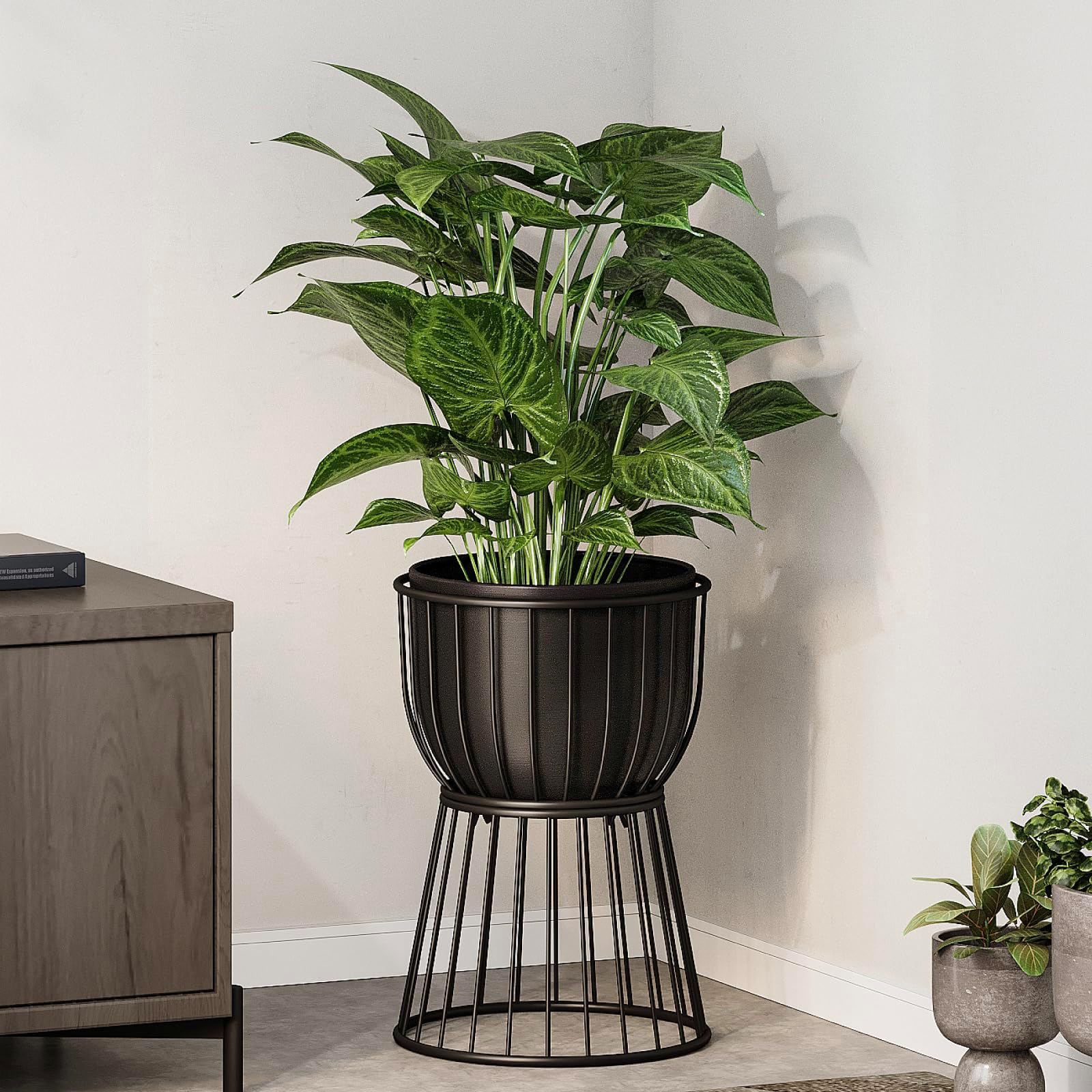 Bamworld Planter with Stand Planters for Indoor Plants Metal Large Plant Pots Tall Plant Stand for Living Room Office Bedroom Modern Home Decor Black