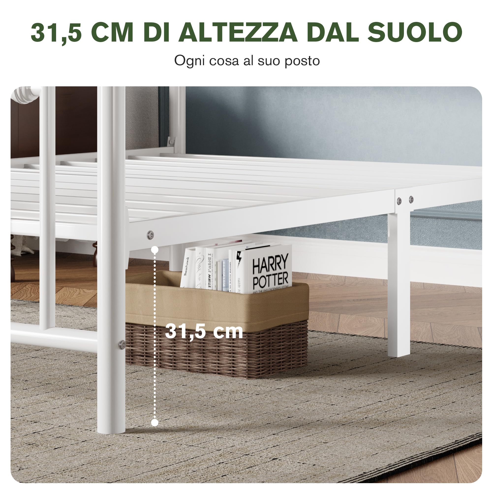 MUTICOR Struttura Letto in Metallo 90x200 cm dal Design Senza Tempo, Telaio Stabile con Doghe Incluse, Spazio Contenitore Sotto il Letto, Silenzioso, Bianco