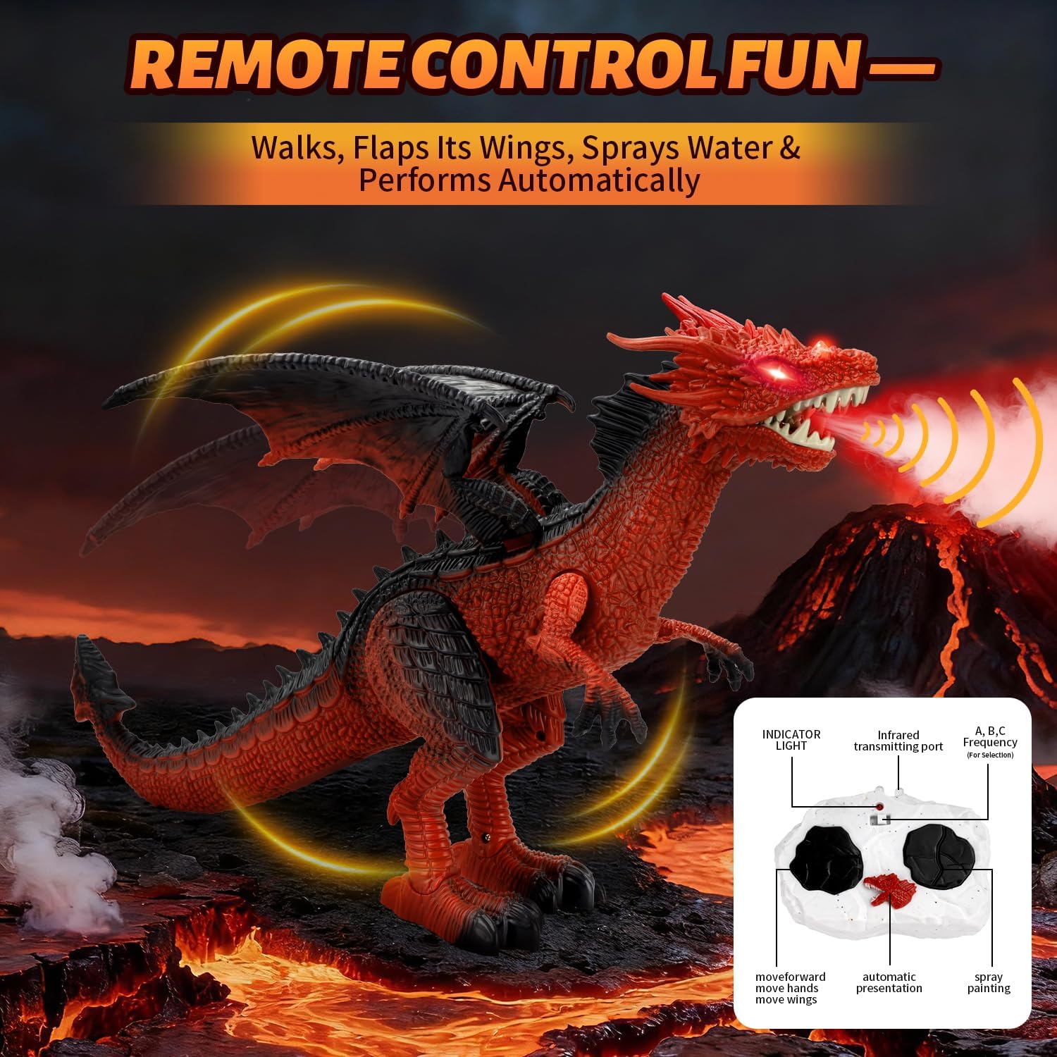 Remote Control Dinosaur Toy for Kid, RC Dragon with Water Mist Spray, Walking, Wing-Flapping, Light-Up Effect,Realistic Roaring Sound,Large Electronic Dino Toy,Birthday for Boy Ages 5+