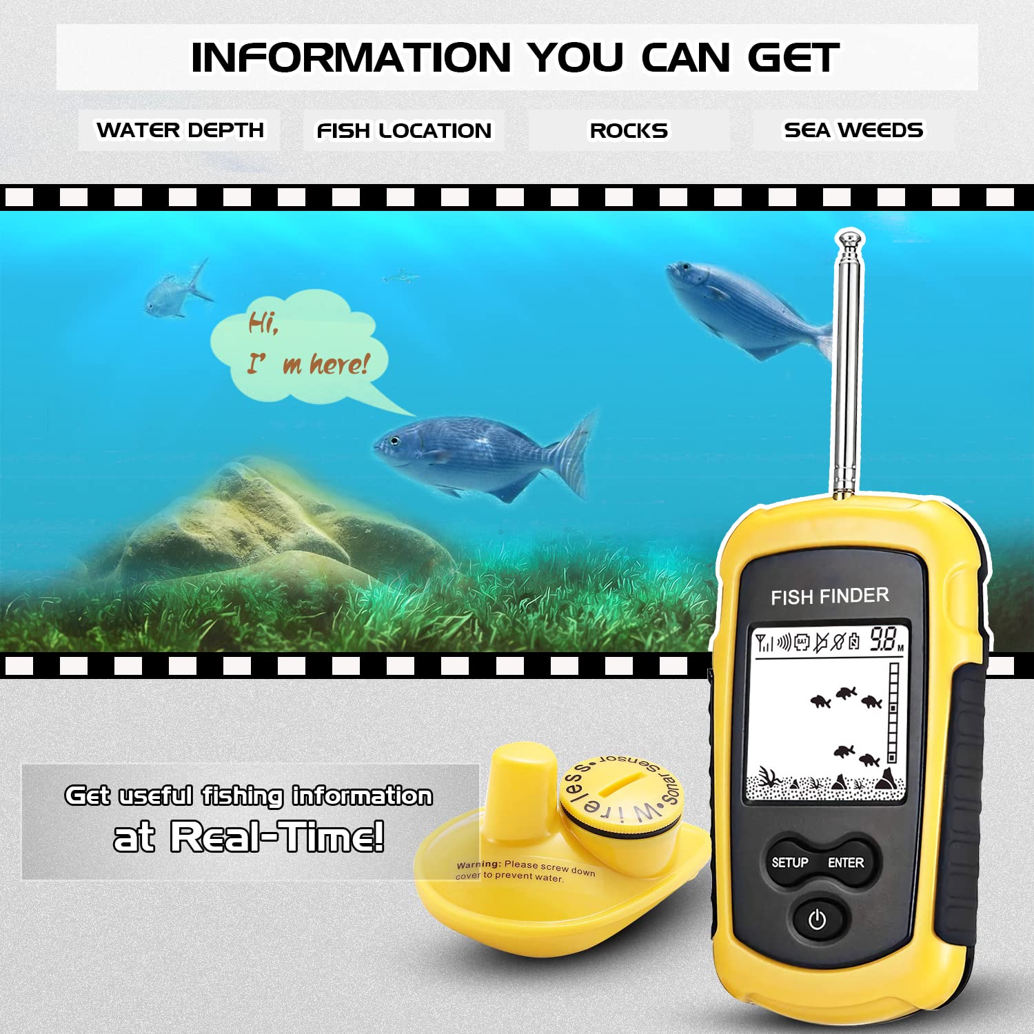 Détecteur de poisson portable, détecteur de profondeur de 0,6 à 2 m, écran LCD, pour kayak, pêche en rivière