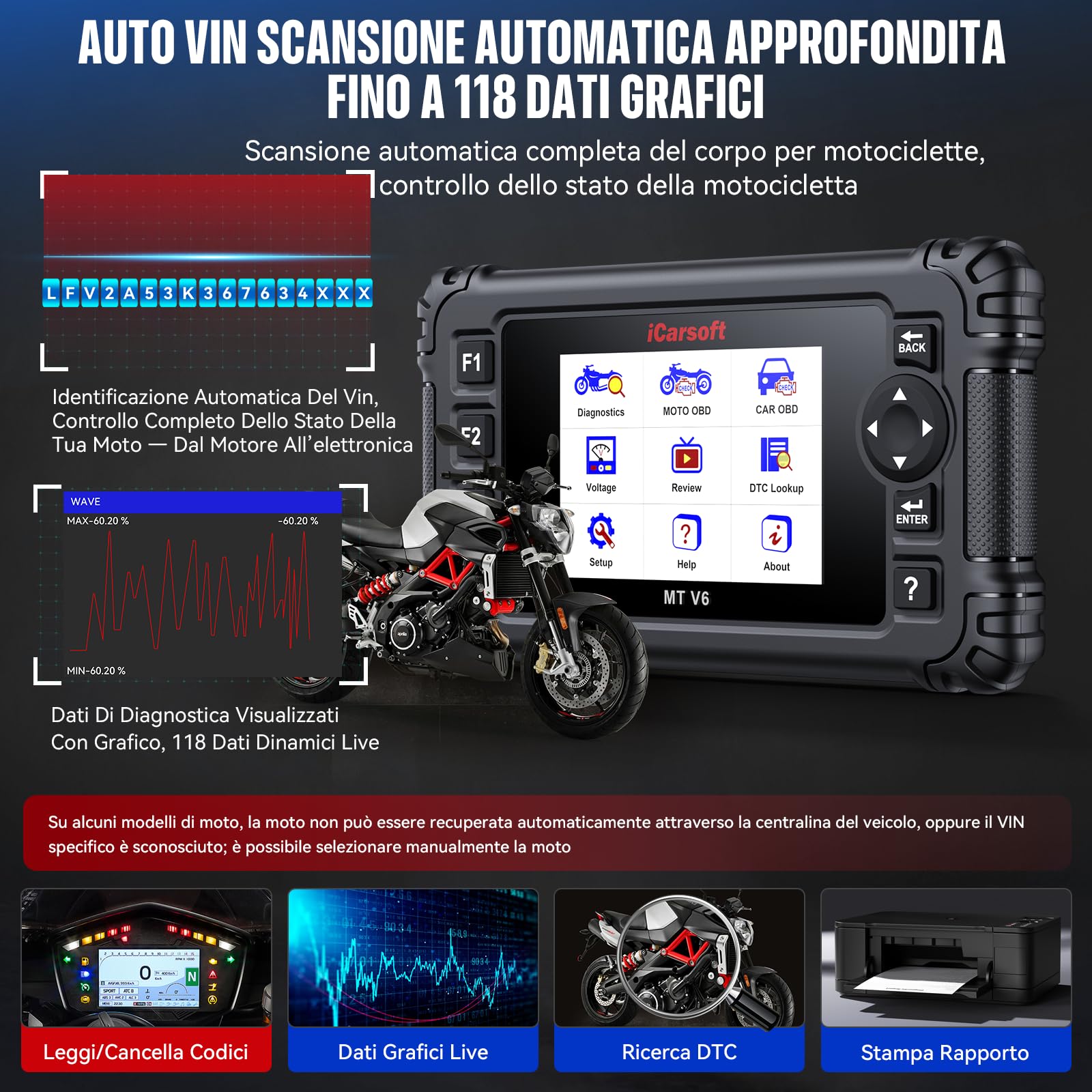 iCarsoft MT V6 - Diagnostico per moto Aprilia, diagnosi di sistema, 88 servizi di manutenzione, 123 test bidirezionali, lettura e cancellazione dei codici di errore, test della batteria