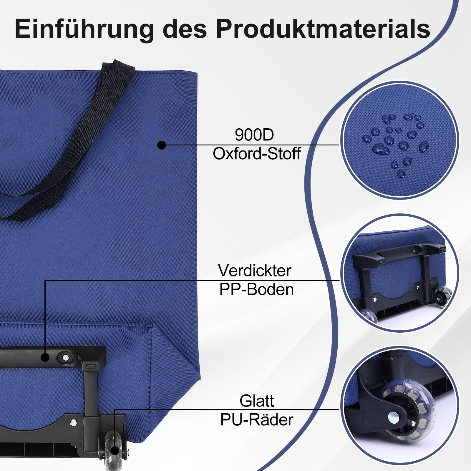 MOONCY Trolley per la spesa, 2 in 1, grande borsa per la spesa su ruote, leggero, pieghevole, per campeggio e viaggi, con risolvente per carrello della spesa, blu