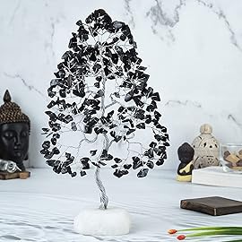 Black Tourmaline Gemstone Tree of Life Quartz Base Chakra Tree for Positive Energy, Handmade Crystal Tree Feng Shui Decor Money Tree Bonsai Good Luck Black Healing Crystals Spiritual Fathers Day Gift
