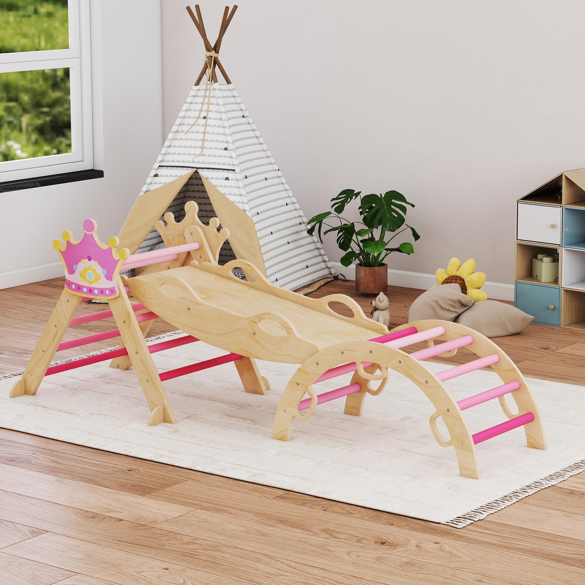 AIYAPLAY 8-in-1 Montessori Klettergerüst Indoor Holz Kletterdreieck mit Kletterbogen, Rutsche, Kronenmotiv, Indoor Spielplatz mit Rampe, Schaukelbogen, für Kinder von 1,5-4 Jahre, Rosa