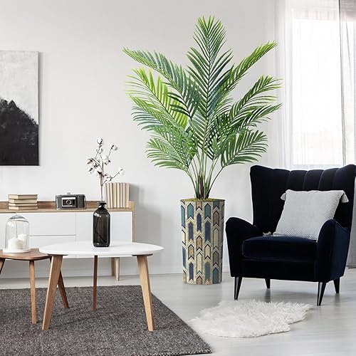 Árbol artificial en macetero moderno con patrón poligonal, palmera tropical areca artificial de seda para decoración del hogar en interiores y