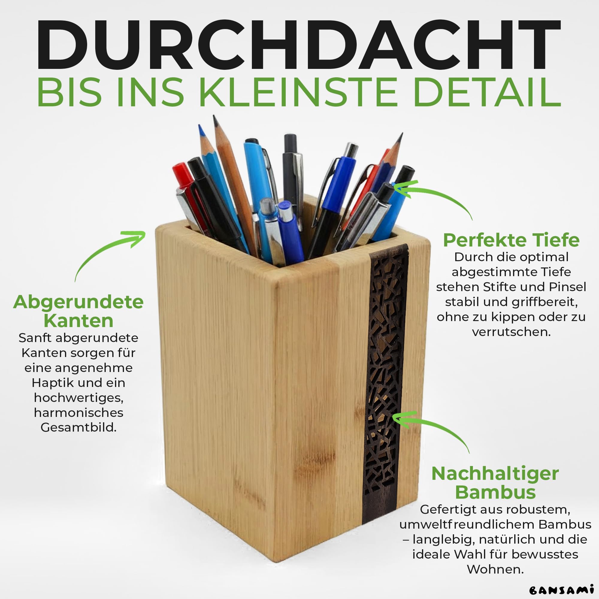 Lot de 3 pots à crayons en bambou - Pot à crayons et porte-pinceaux avec insert décoratif en bois - Organisateur pour bureau, maquillage et cosmétiques (lot de 3)