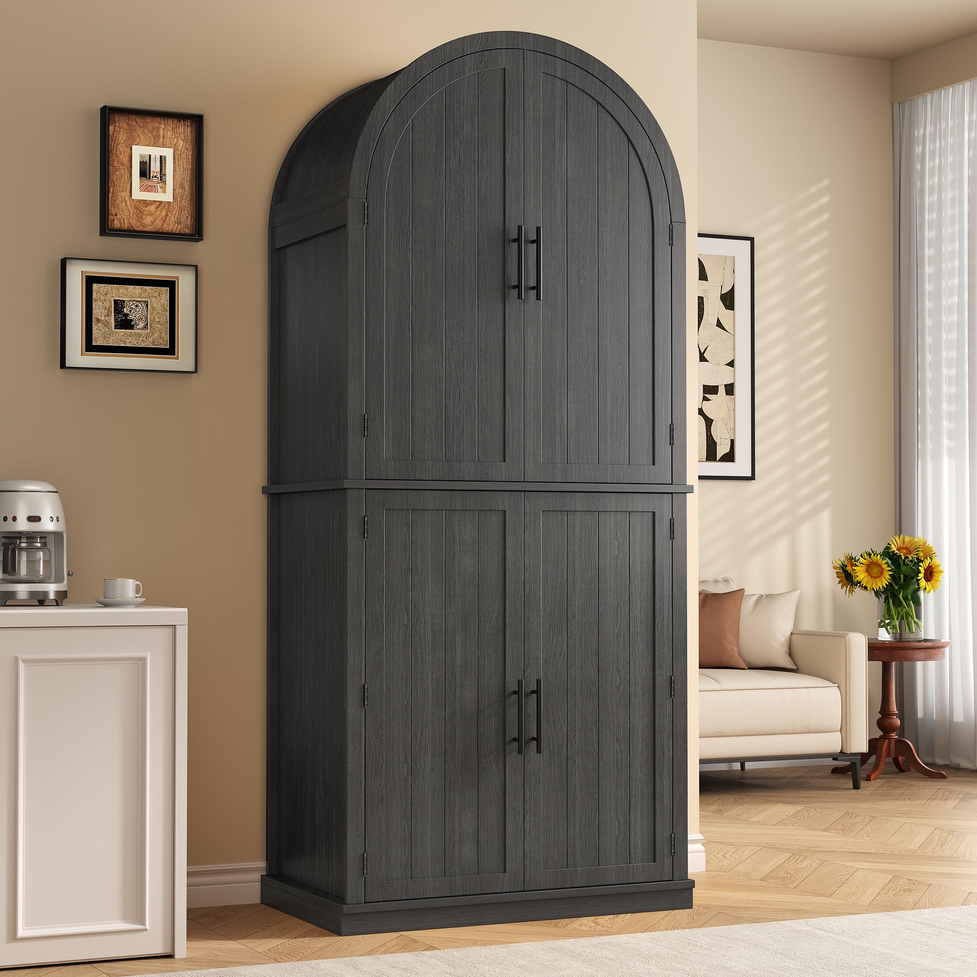 iPormis 71" Arched Cabinet with Doors, Modern Kitchen Pantry with 6-Tier Door Shelves &amp; Drawer &amp; Adjustable Shelves, Farmhouse Wood Storage Cabinet for Kitchen Room, Dining Room, Bathroom, Black