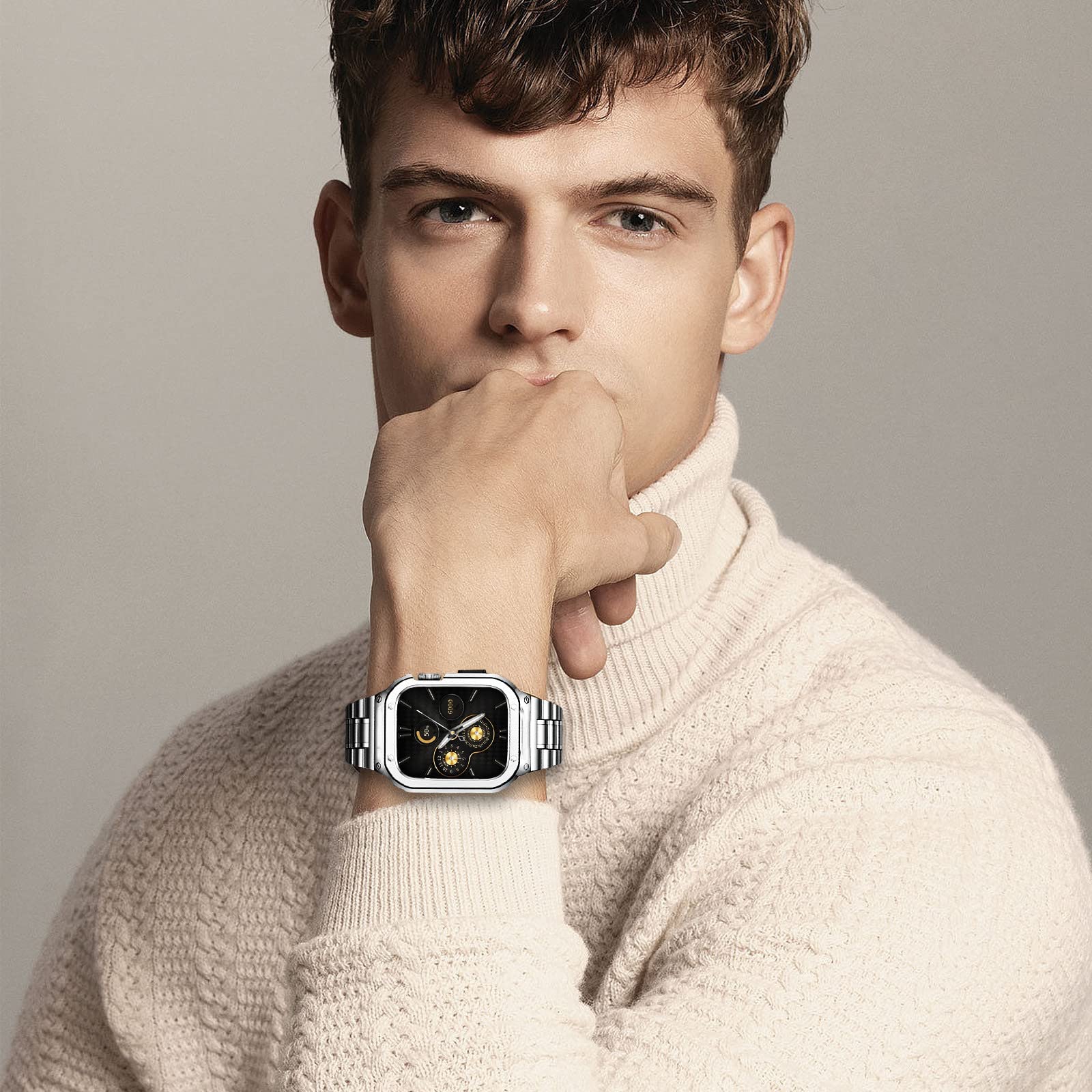 HASLFM Kompatibel mit Apple Watch Armband 45mm Series 9/8/7, Robustes Edelstahl Metall Ersatz Armband mit Gehäuse Cover für iWatch 45mm Series 9/8/7 für Männer, Silber